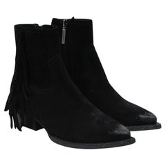 Saint Laurent Women Fringe Boots Sz 35.5 US 5.5 Lukas Western Black Suede Waxed