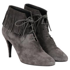 Saint Laurent Women Fringe Lace Up Ankle Booties US 9 EU 39 Grey Suede Boots