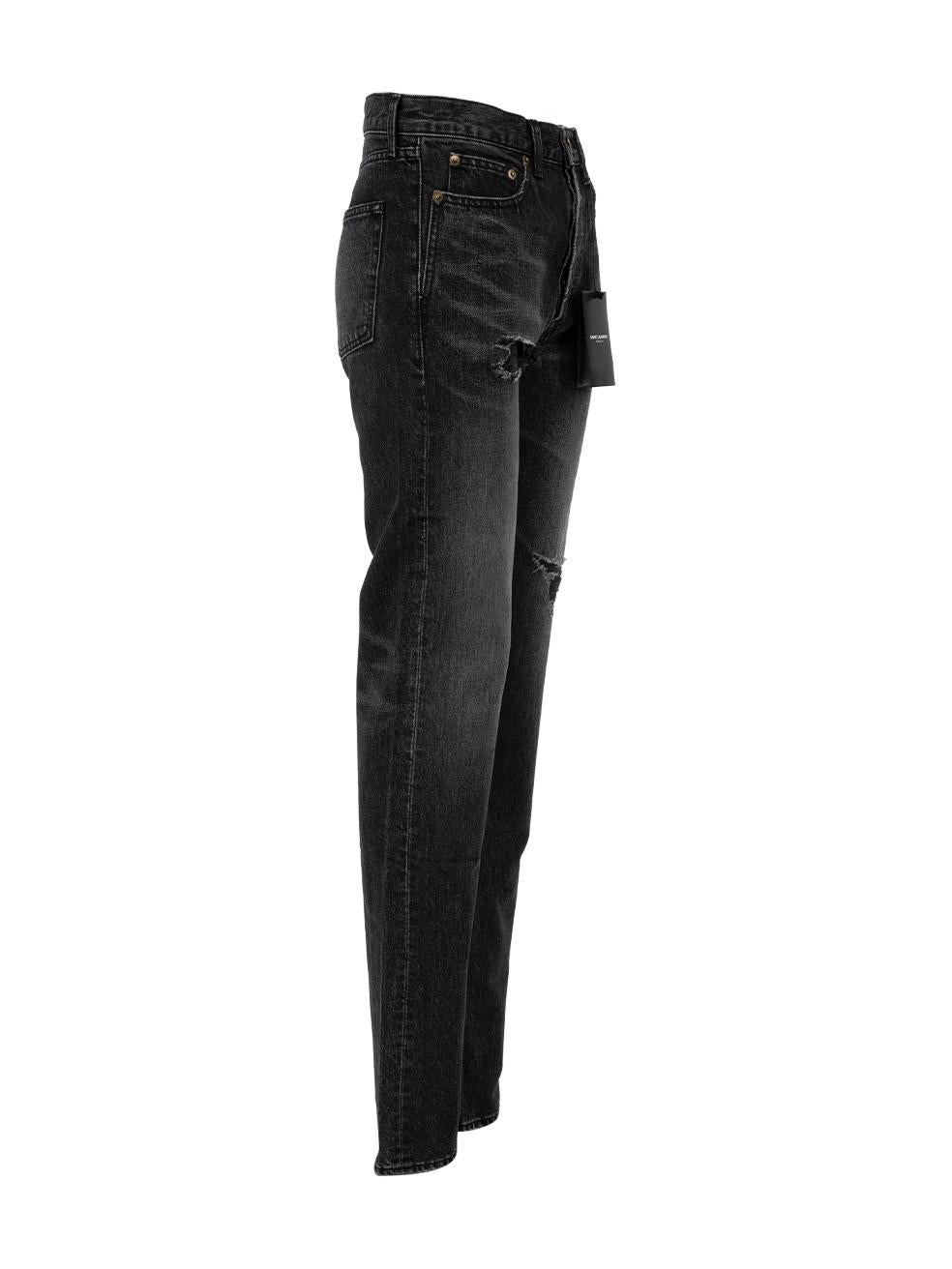 CONDITION is Never worn, with tags. No visible wear to jeans is evident on this new Saint Laurent designer resale item. Details 2018 Charcoal grey Denim Jeans Low rise Slim fit Regular length Distressed design Front buttons closure Belt hoops 2x