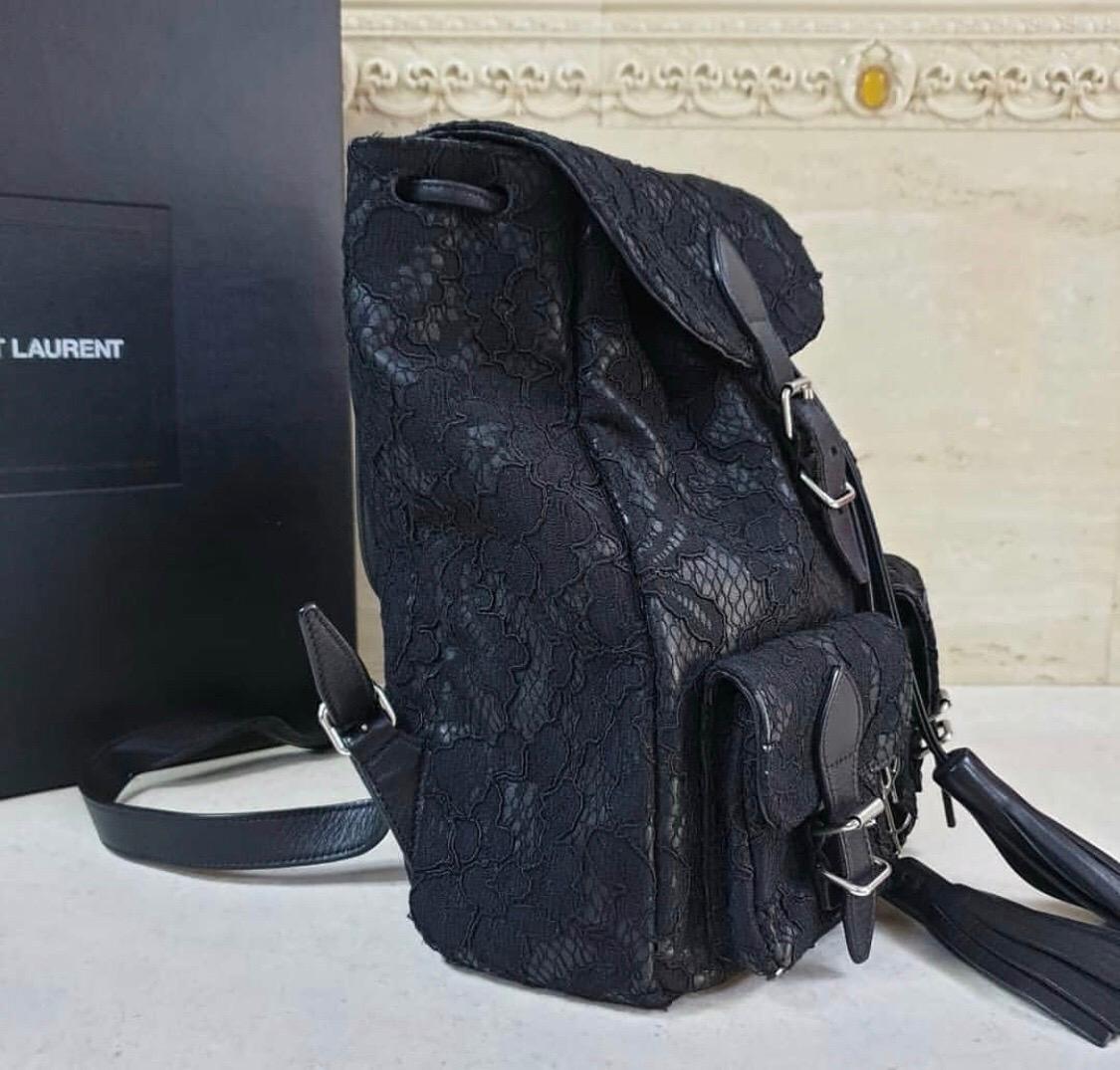 Saint Laurent Women's Black Lace-coated Leather Backpack In Good Condition In Krakow, PL