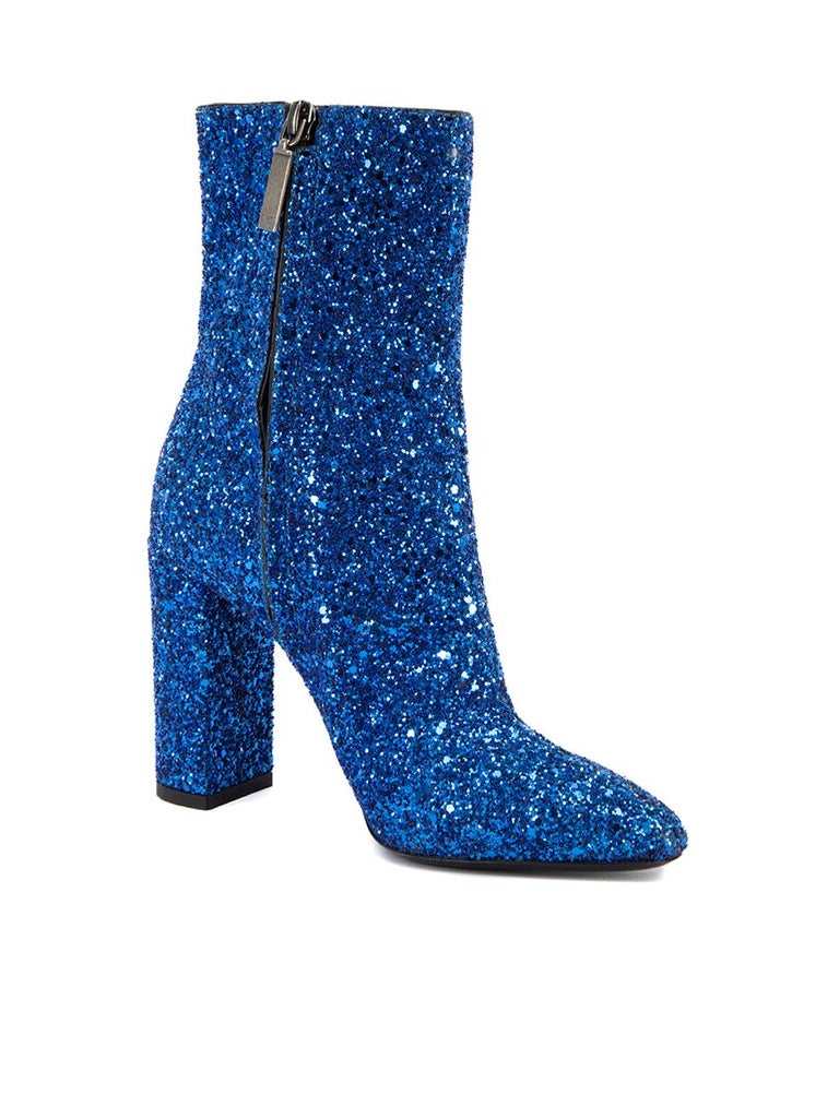 Saint Laurent Women's Blue Glitter Lou Ankle Boots For Sale at 1stDibs