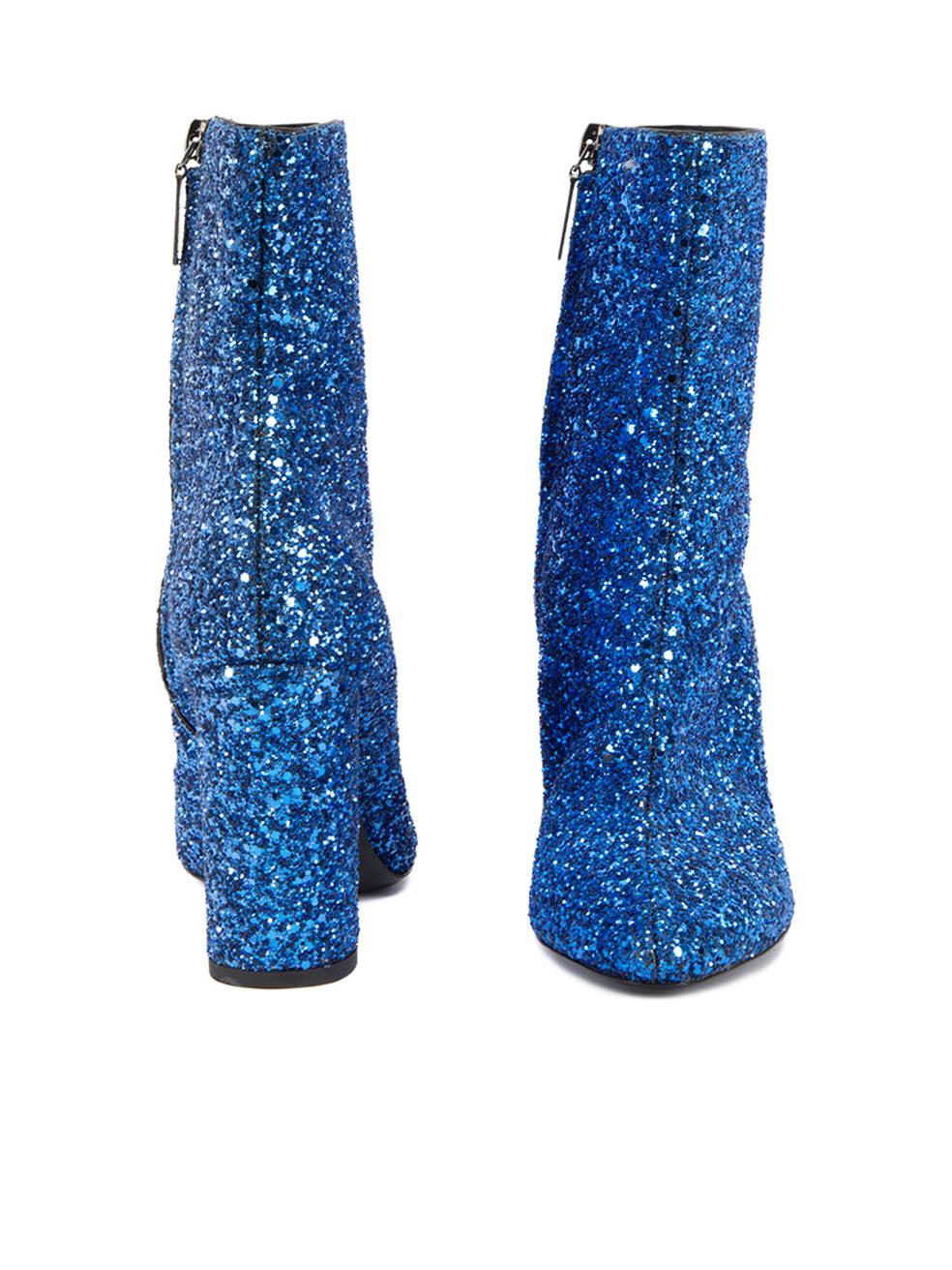 Saint Laurent Women's Blue Glitter Lou Ankle Boots In Excellent Condition In London, GB