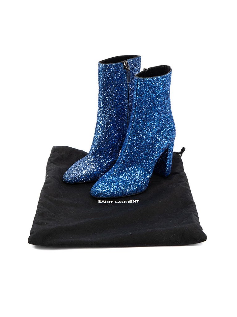 Saint Laurent Women's Blue Glitter Lou Ankle Boots For Sale at 1stDibs