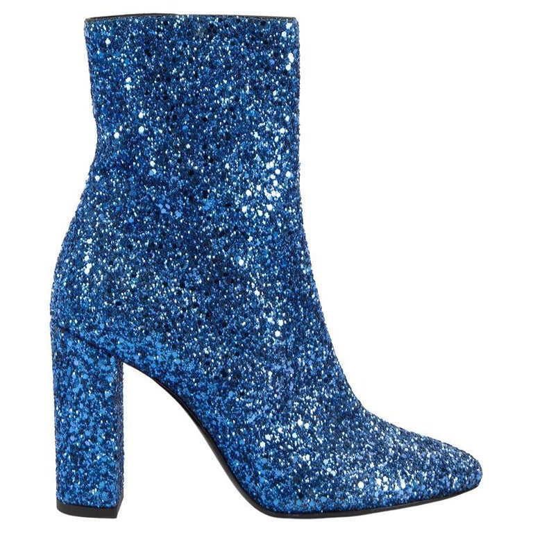 Saint Laurent Women's Blue Glitter Lou Ankle Boots For Sale at 1stDibs