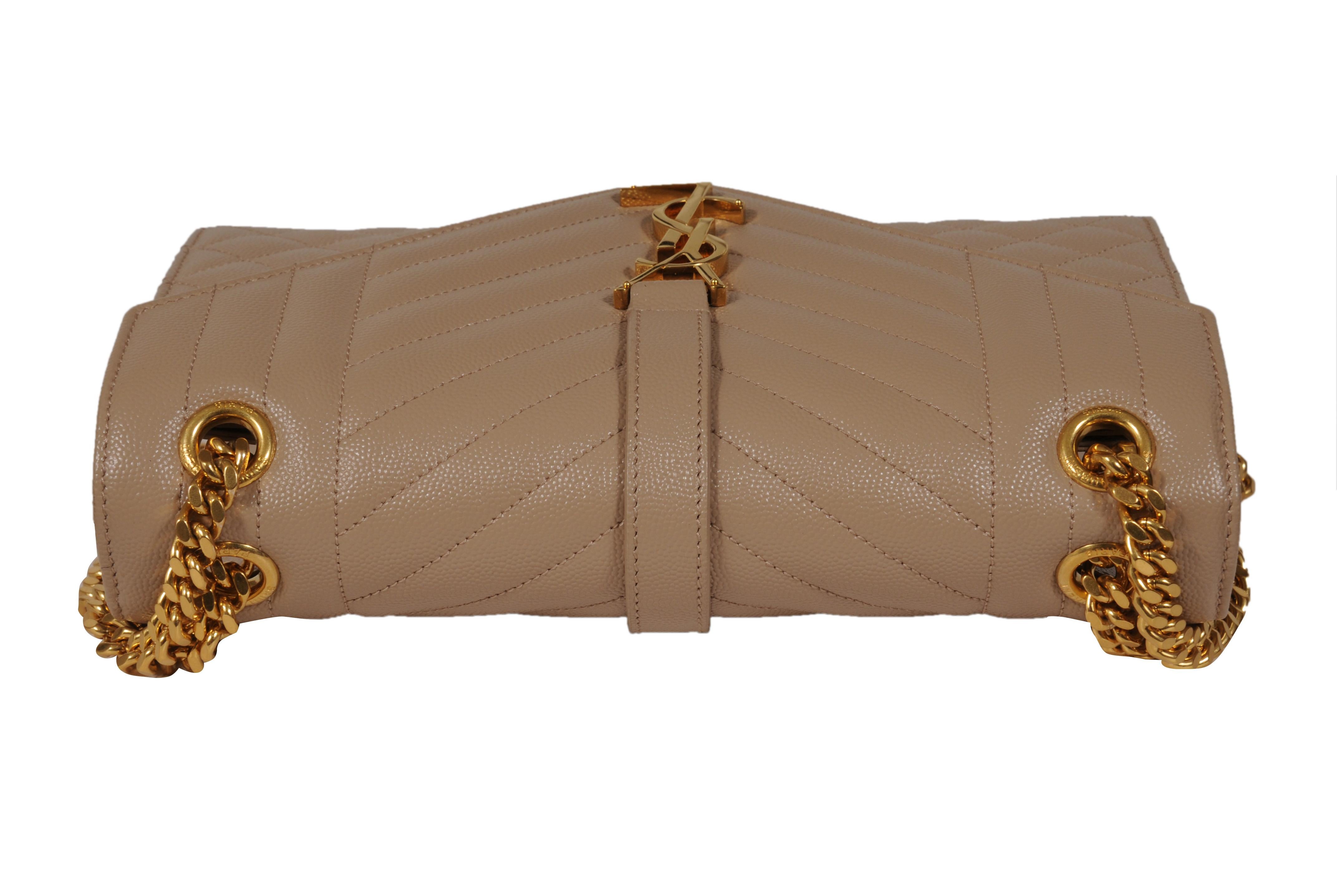 Saint Laurent Womens Envelope Medium Gesteppte Strukturierte Leder Umhängetasche Beige im Angebot 11