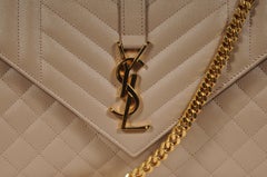 Saint Laurent Womens Envelope Medium Quilted Textured Leather Shoulder Bag Beige