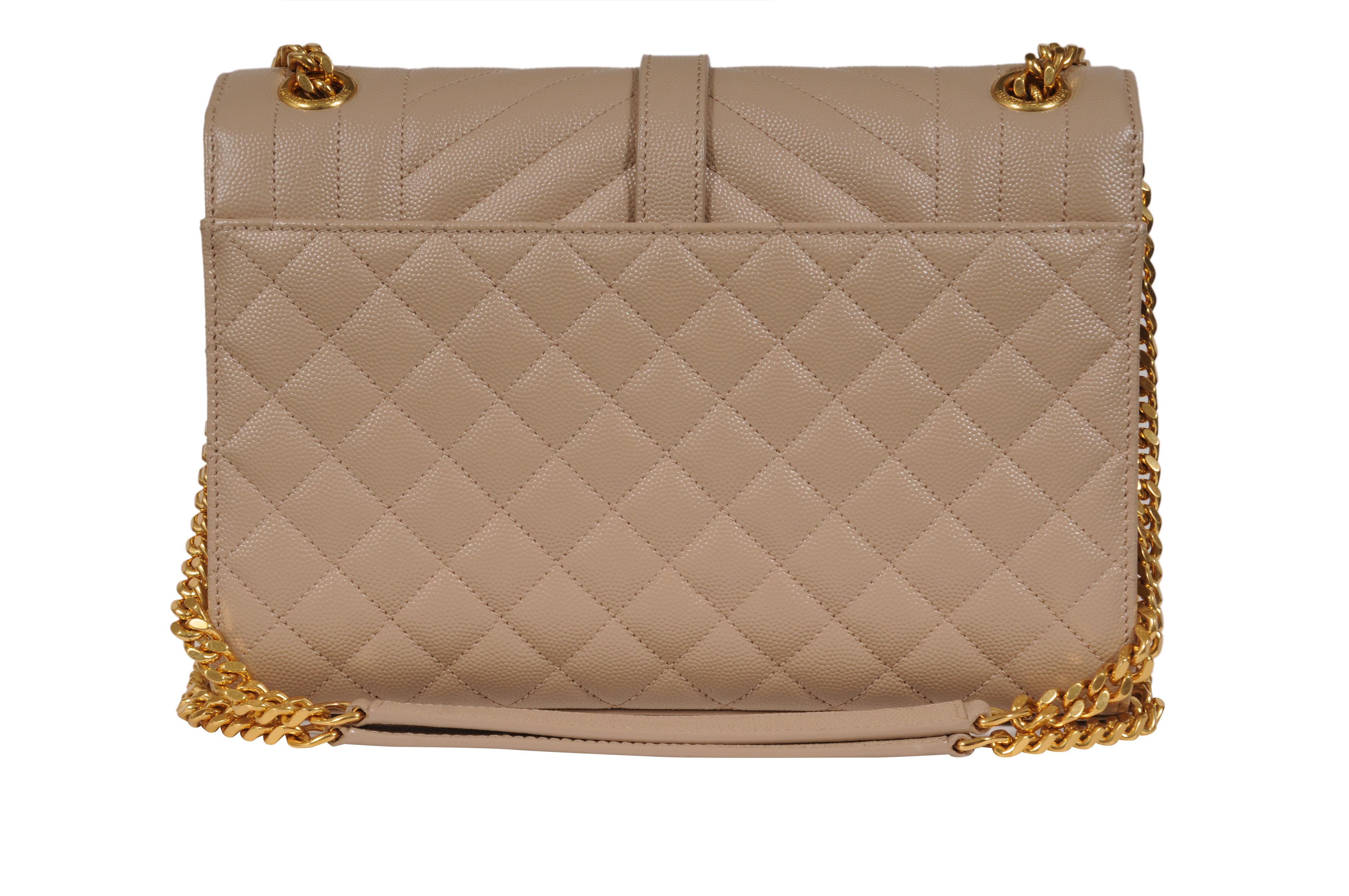 Saint Laurent Womens Envelope Medium Gesteppte Strukturierte Leder Umhängetasche Beige im Angebot 2