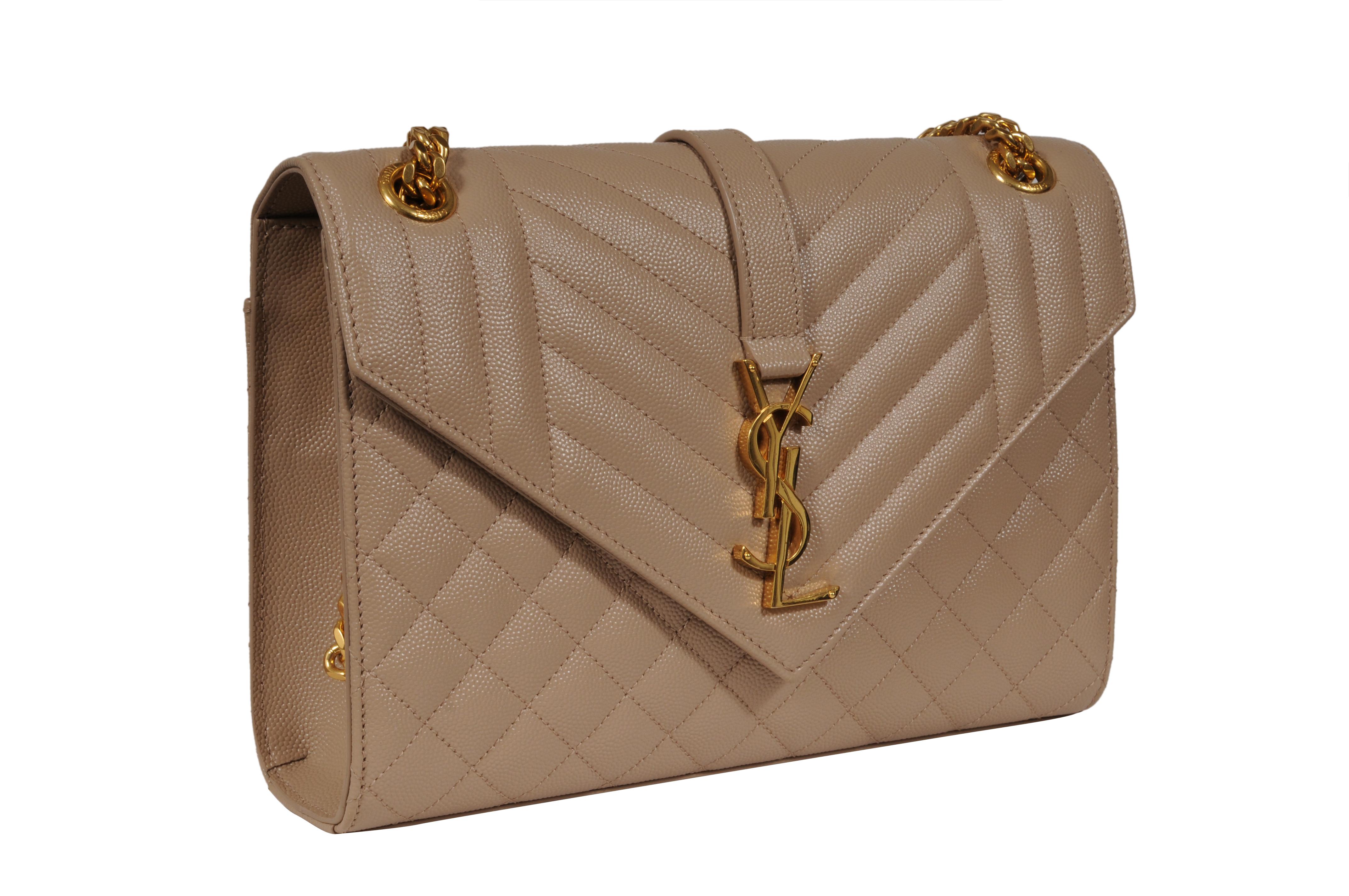 Saint Laurent Womens Envelope Medium Gesteppte Strukturierte Leder Umhängetasche Beige im Angebot 5