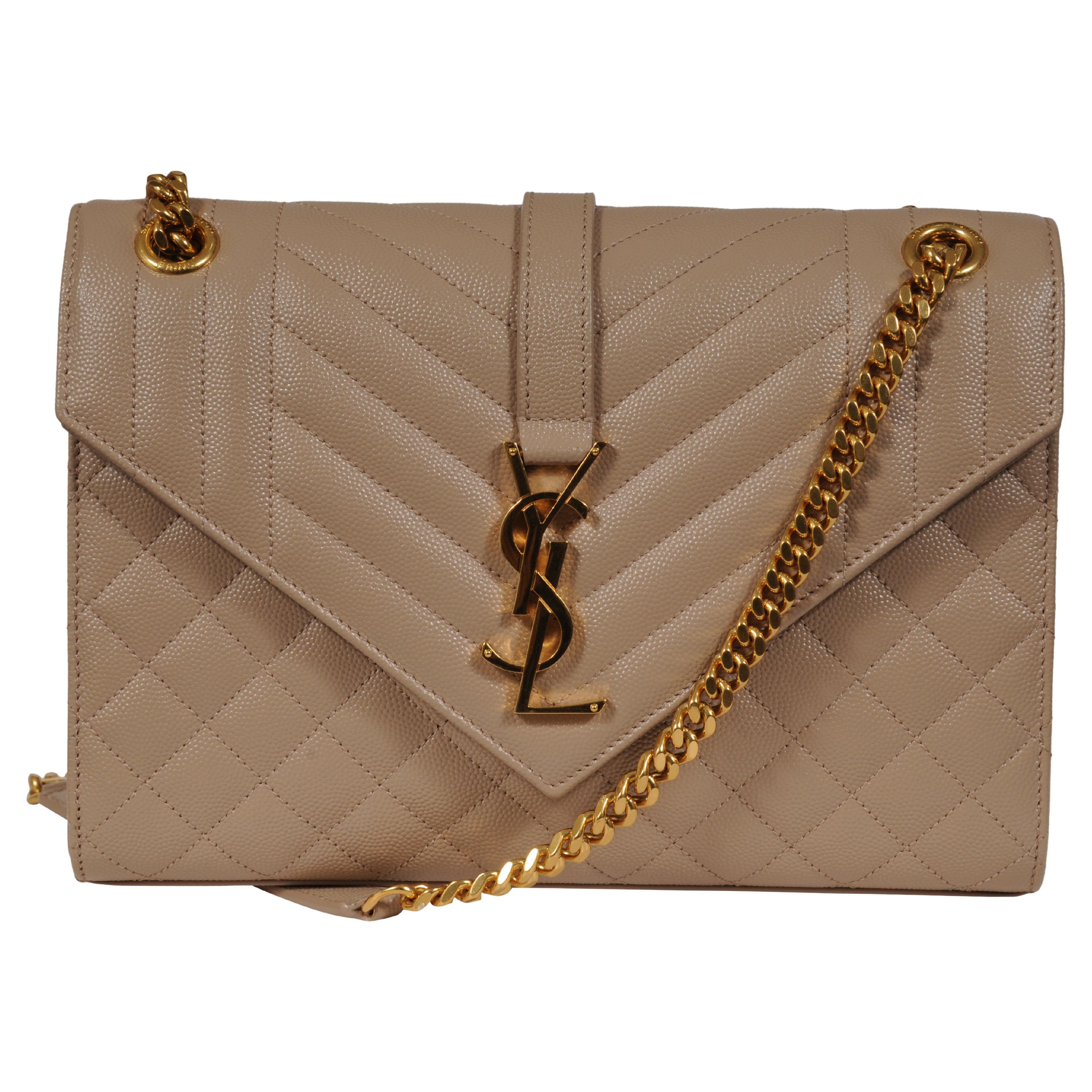Saint Laurent Womens Envelope Medium Gesteppte Strukturierte Leder Umhängetasche Beige