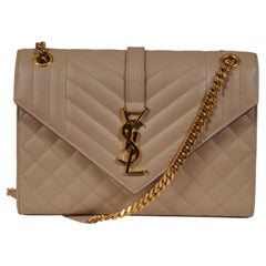 Saint Laurent Womens Envelope Medium Quilted Textured Leather Shoulder Bag Beige