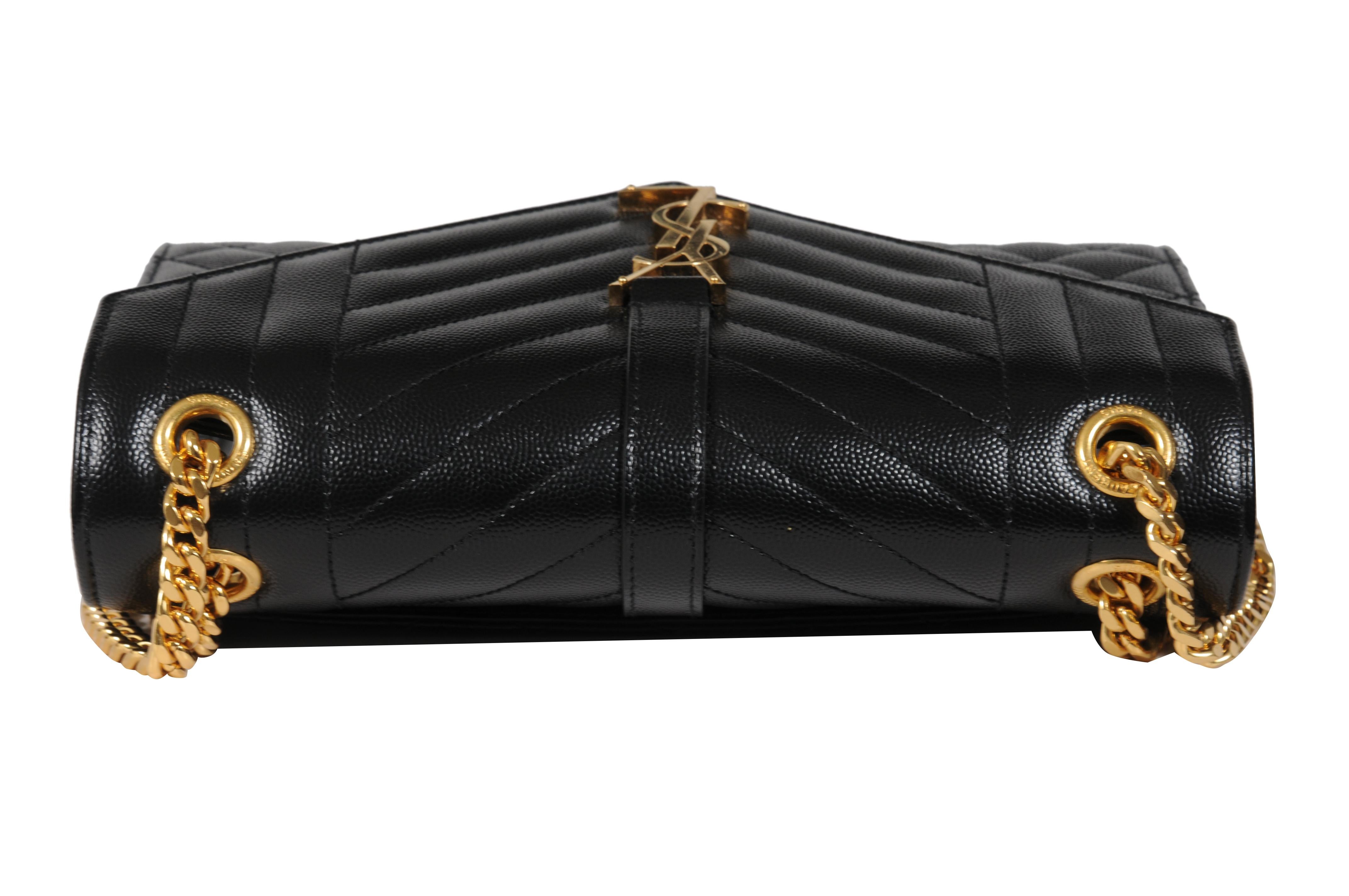 Saint Laurent Womens Envelope Medium Gesteppte Strukturierte Leder Umhängetasche Schwarz im Angebot 11