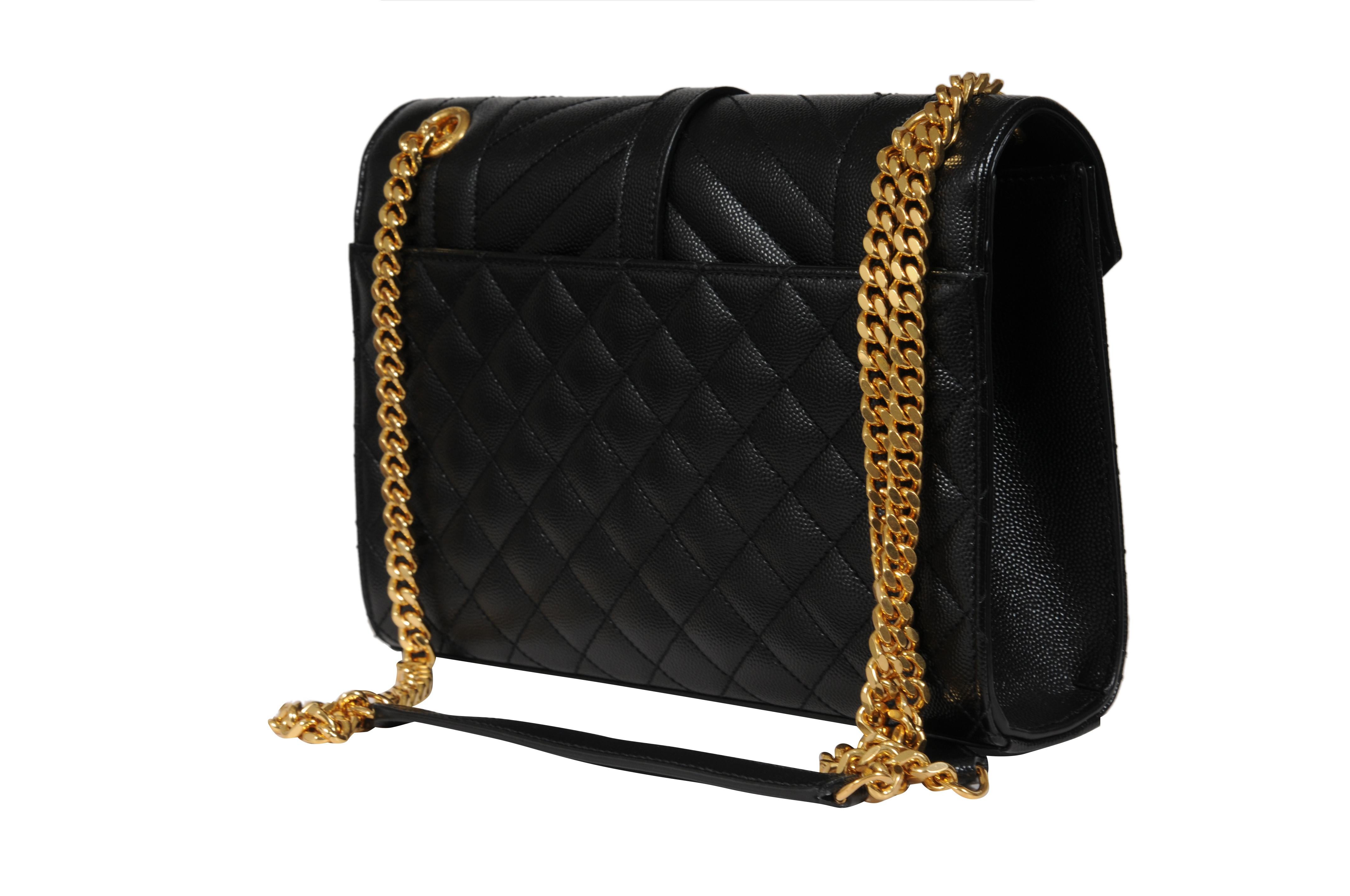 Saint Laurent Womens Envelope Medium Gesteppte Strukturierte Leder Umhängetasche Schwarz im Angebot 1