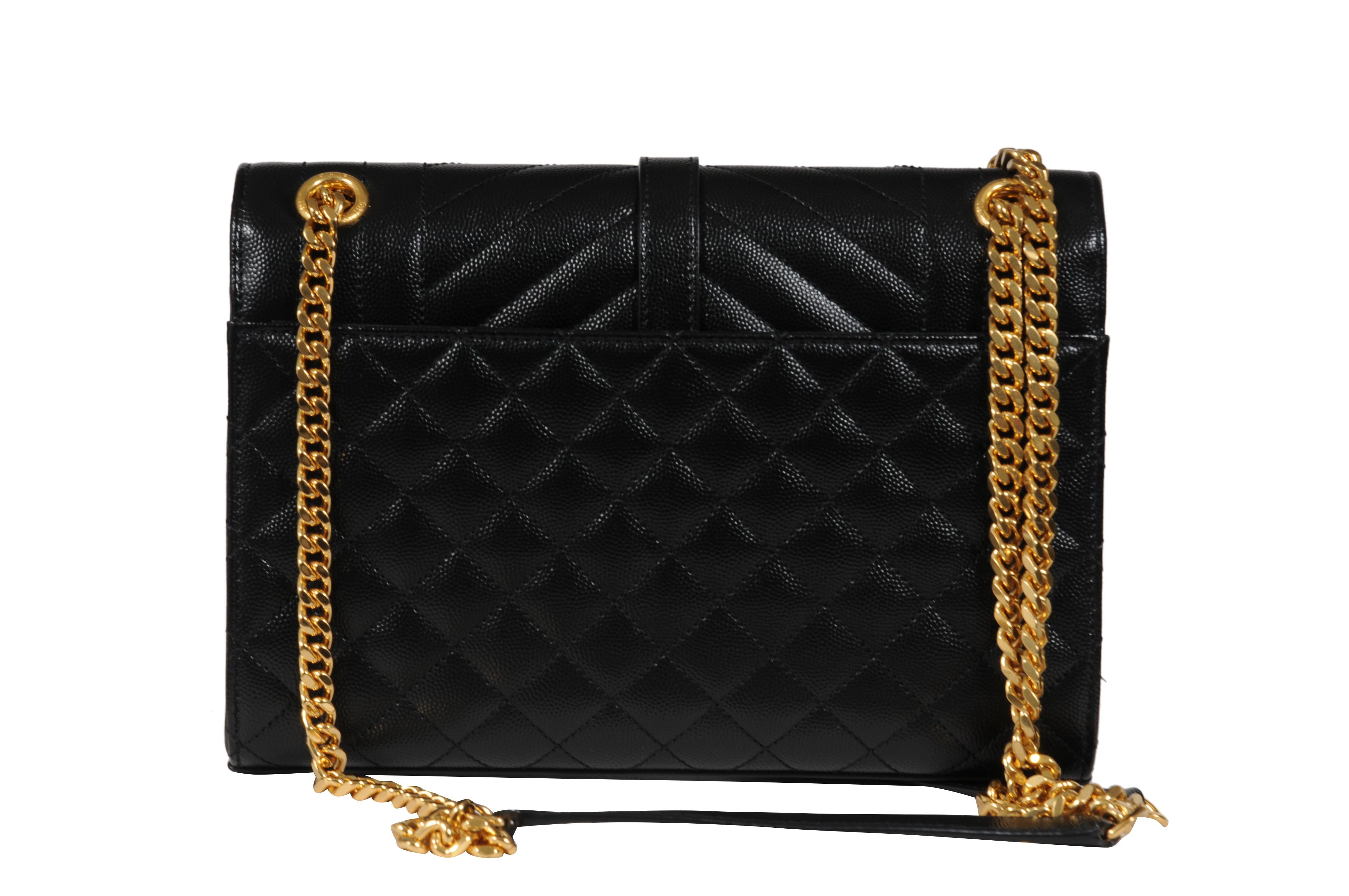Saint Laurent Womens Envelope Medium Gesteppte Strukturierte Leder Umhängetasche Schwarz im Angebot 2