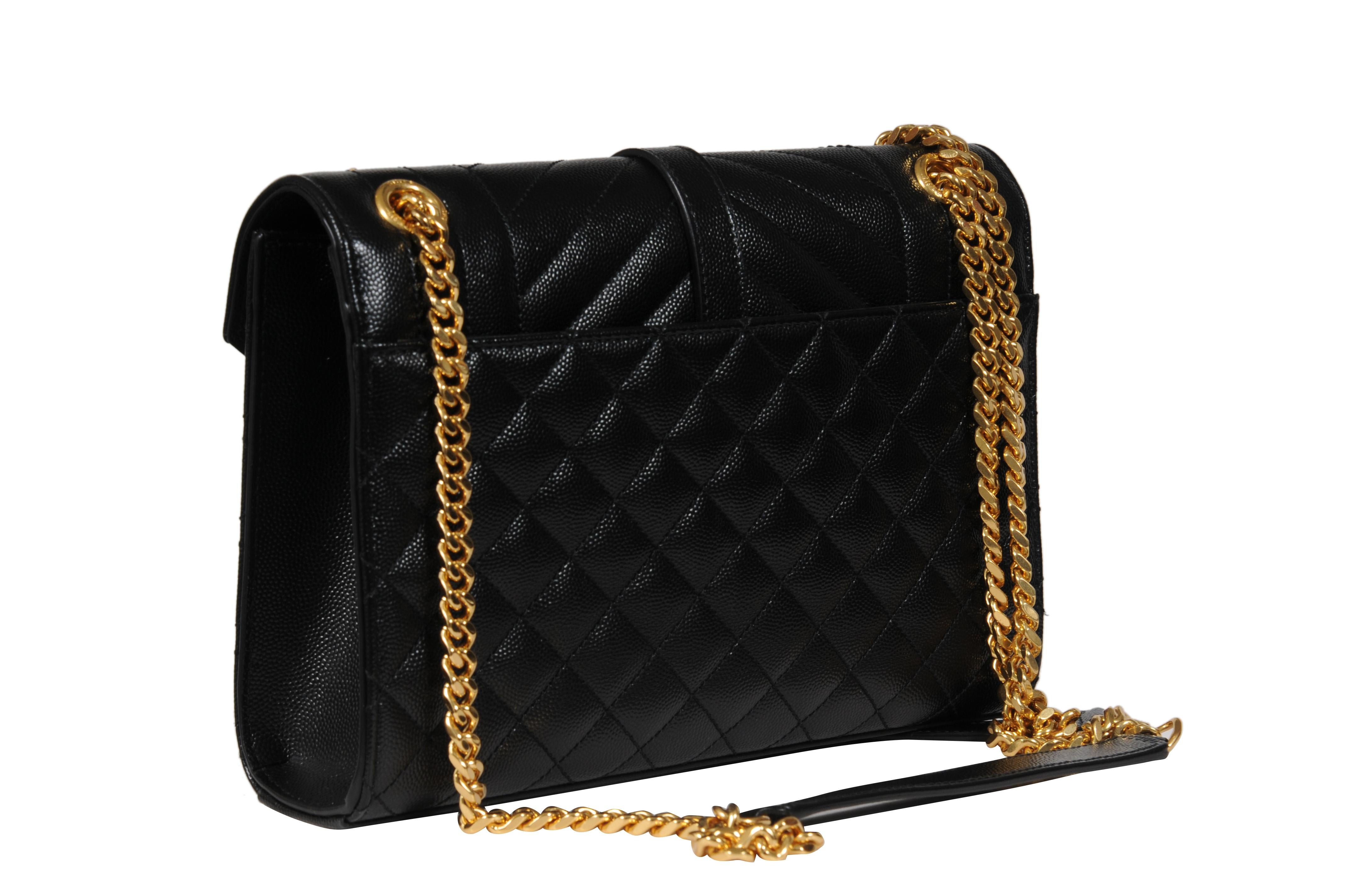 Saint Laurent Womens Envelope Medium Gesteppte Strukturierte Leder Umhängetasche Schwarz im Angebot 3