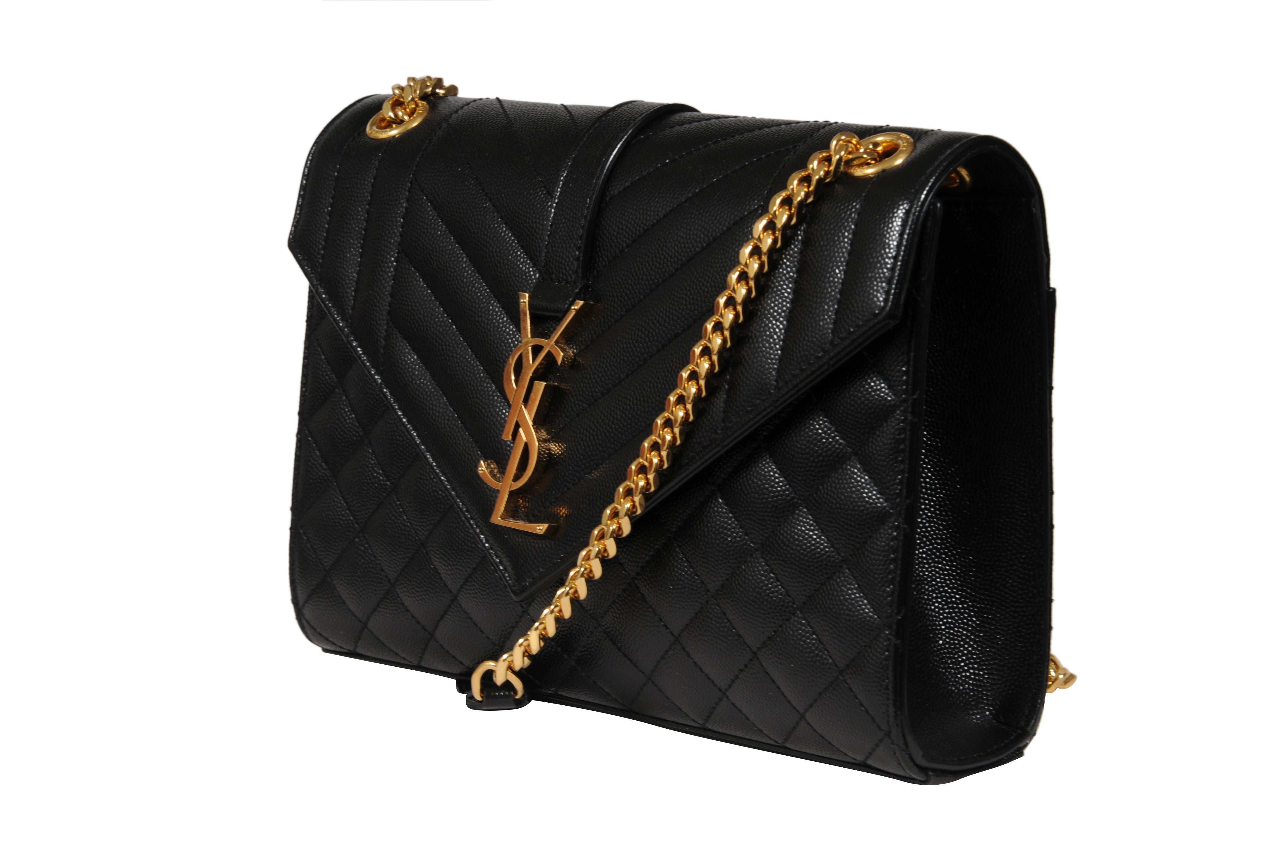 Saint Laurent Womens Envelope Medium Gesteppte Strukturierte Leder Umhängetasche Schwarz im Angebot 5
