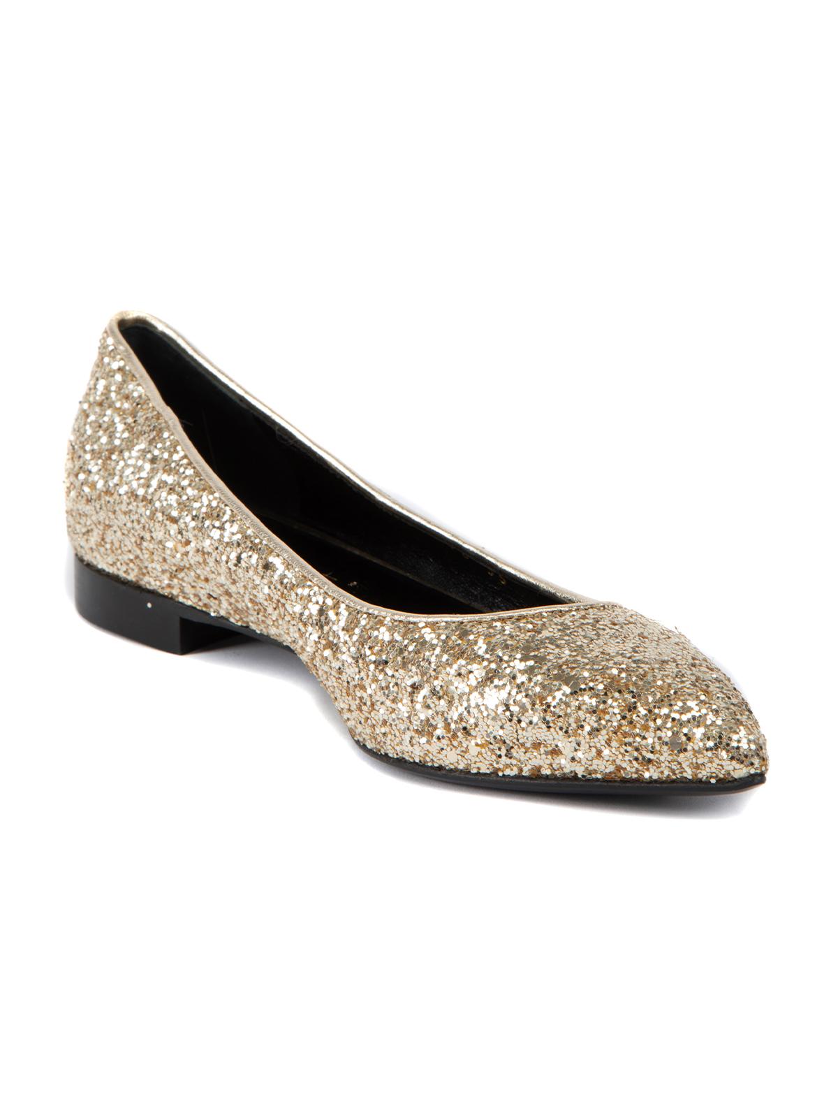 CONDITION is Never Worn. No visible wear to flats is evident, however some glitter has come off the shoes due to storage on this used Saint Laurent designer resale item. This item comes with the original dust bags. Details Gold Glitter Flat Point