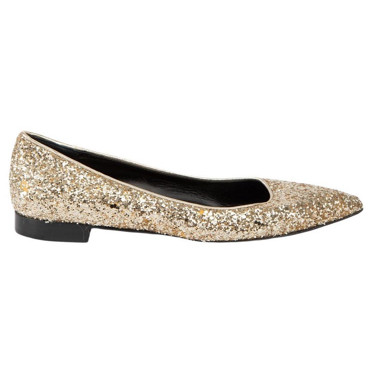 Saint Laurent Women's Gold Glitter Pointed Flats For Sale at 1stDibs