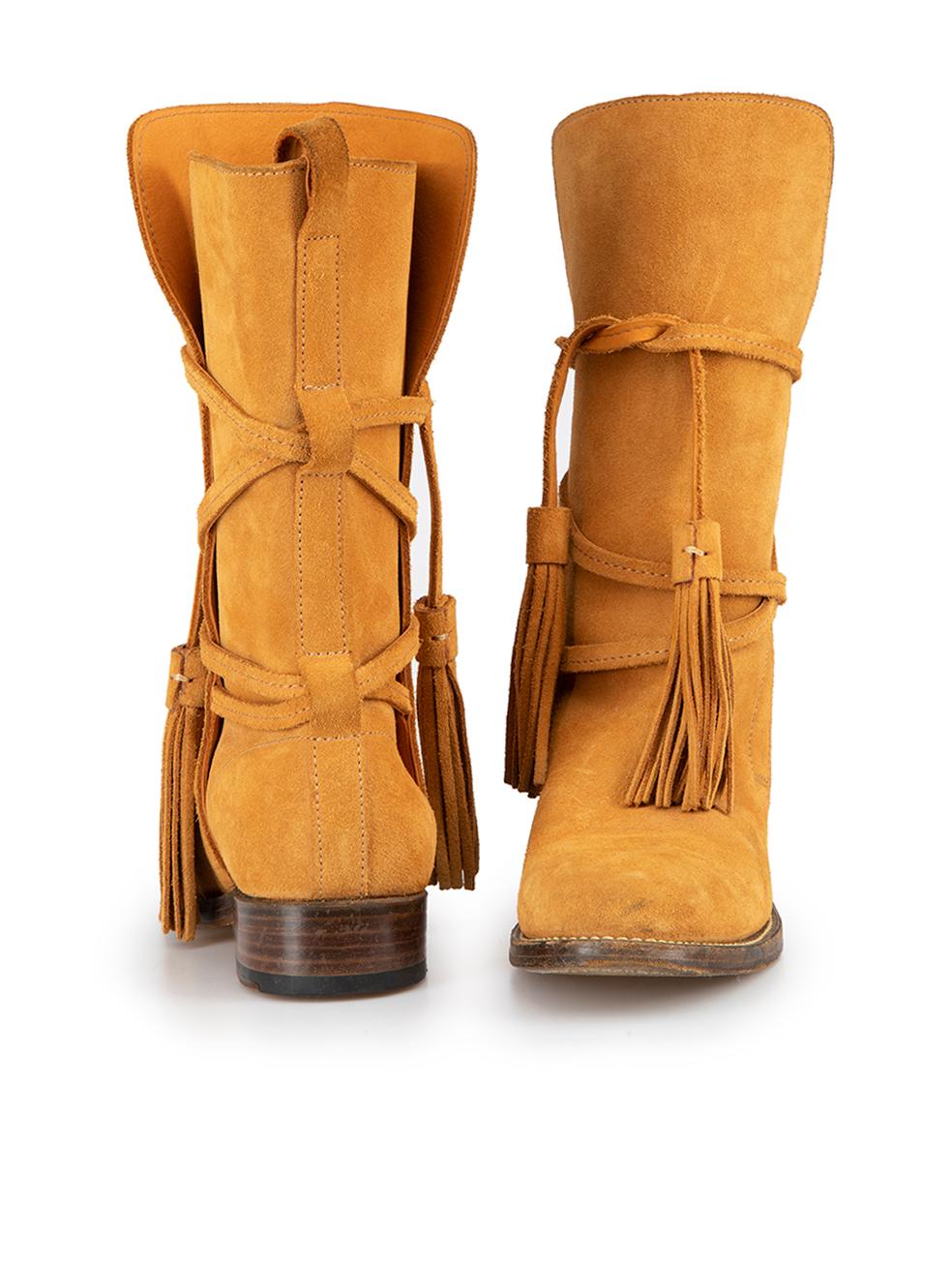 Saint Laurent Women's Ochre Suede Tie Detail Mid Calf Boots In Good Condition For Sale In London, GB