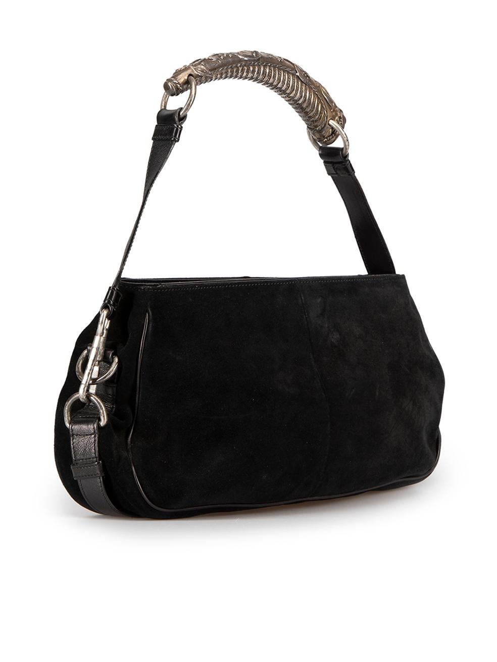 CONDITION is Good. General wear to handbag is evident. Moderate signs of wear to the suede and tarnishing along hardware on this used Yves Saint Laurent designer resale item.



Details


Black

Suede

Medium shoulder bag

Silver tone hardware

Horn