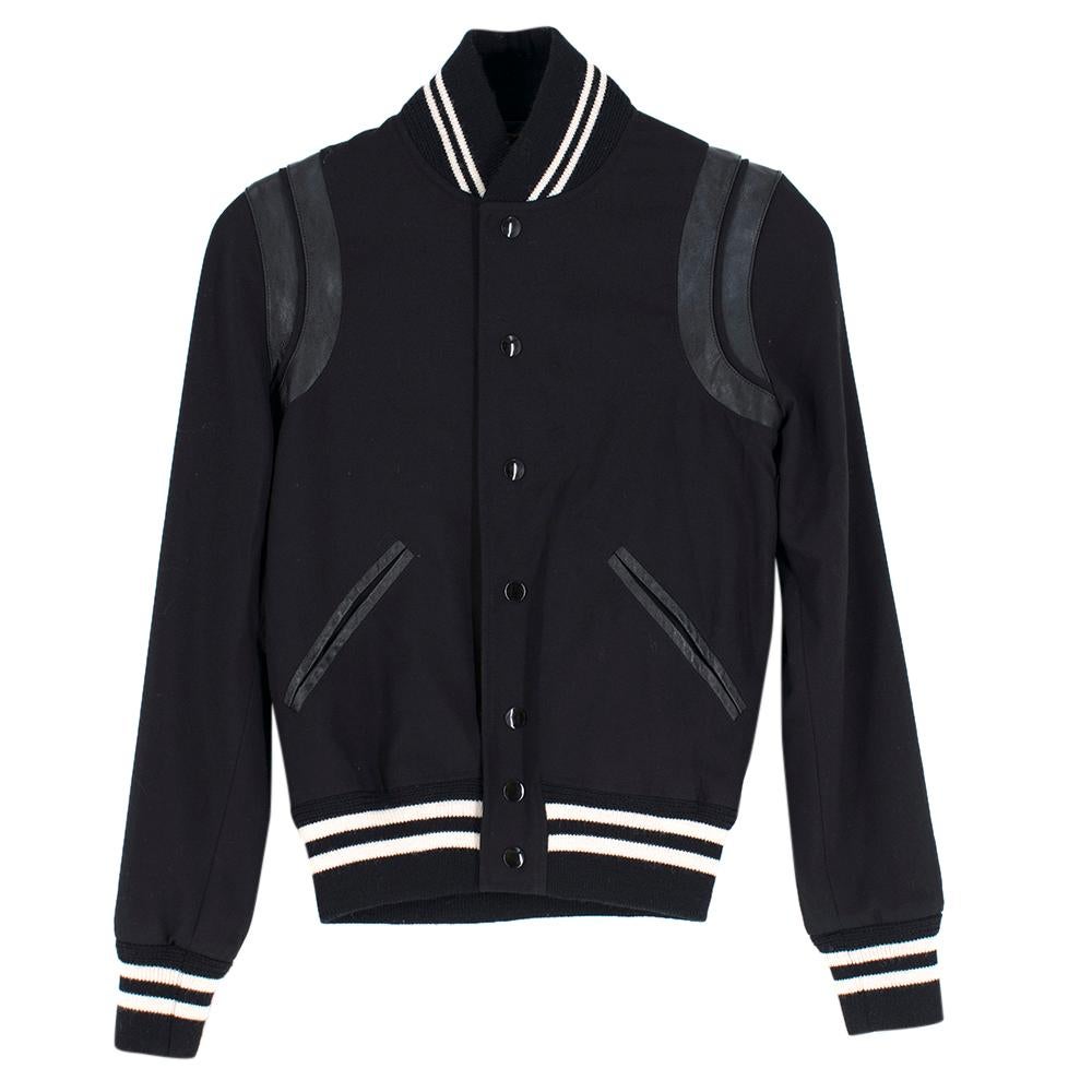 Saint Laurent Wool Blend Teddy Bomber Jacket 

Black Wool teddy bomber jacket with contrast trim, 
Rib knit stand collar, 
Tonal leather trim around the shoulder, 
Front centre slant pockets, 
Rib knit cuffs and hem, 
Front centre snap button