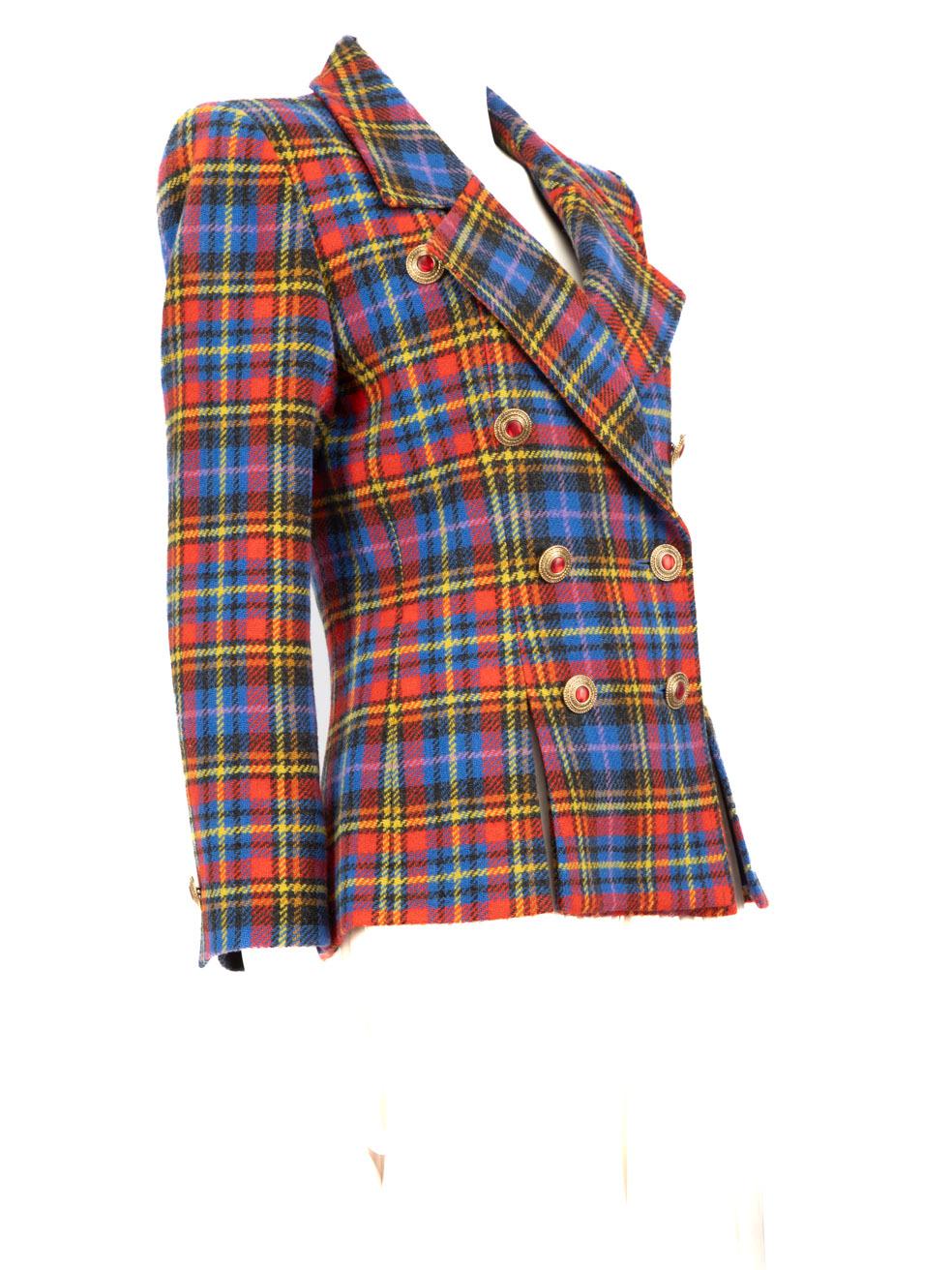 CONDITION is Very good. Minimal wear to the blazer is evident, the fabric composition label is discoloured on this used Saint Laurent designer resale item.
 Details
 Multicolour
 Wool
 Blazer
 Long sleeves
 Tartan pattern
 V neck
 Front button