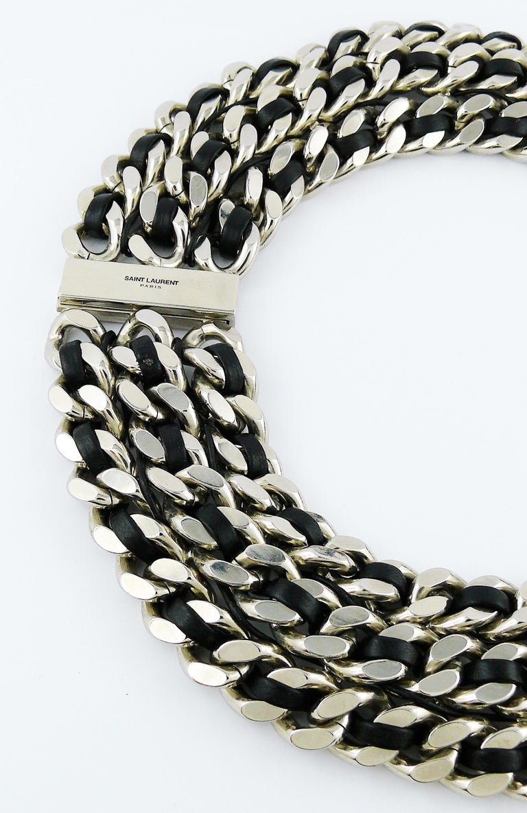 Saint Laurent Woven Leather Chunky Curb Chain Choker Necklace In Good Condition For Sale In Nice, FR