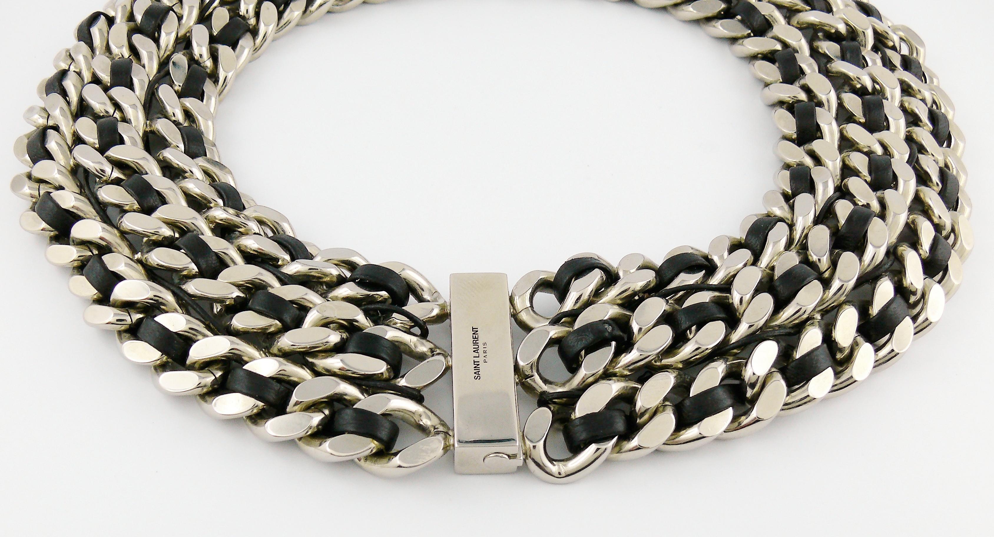 Saint Laurent Woven Leather Chunky Curb Chain Choker Necklace For Sale 1