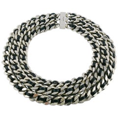 Vintage Saint Laurent Woven Leather Chunky Curb Chain Choker Necklace
