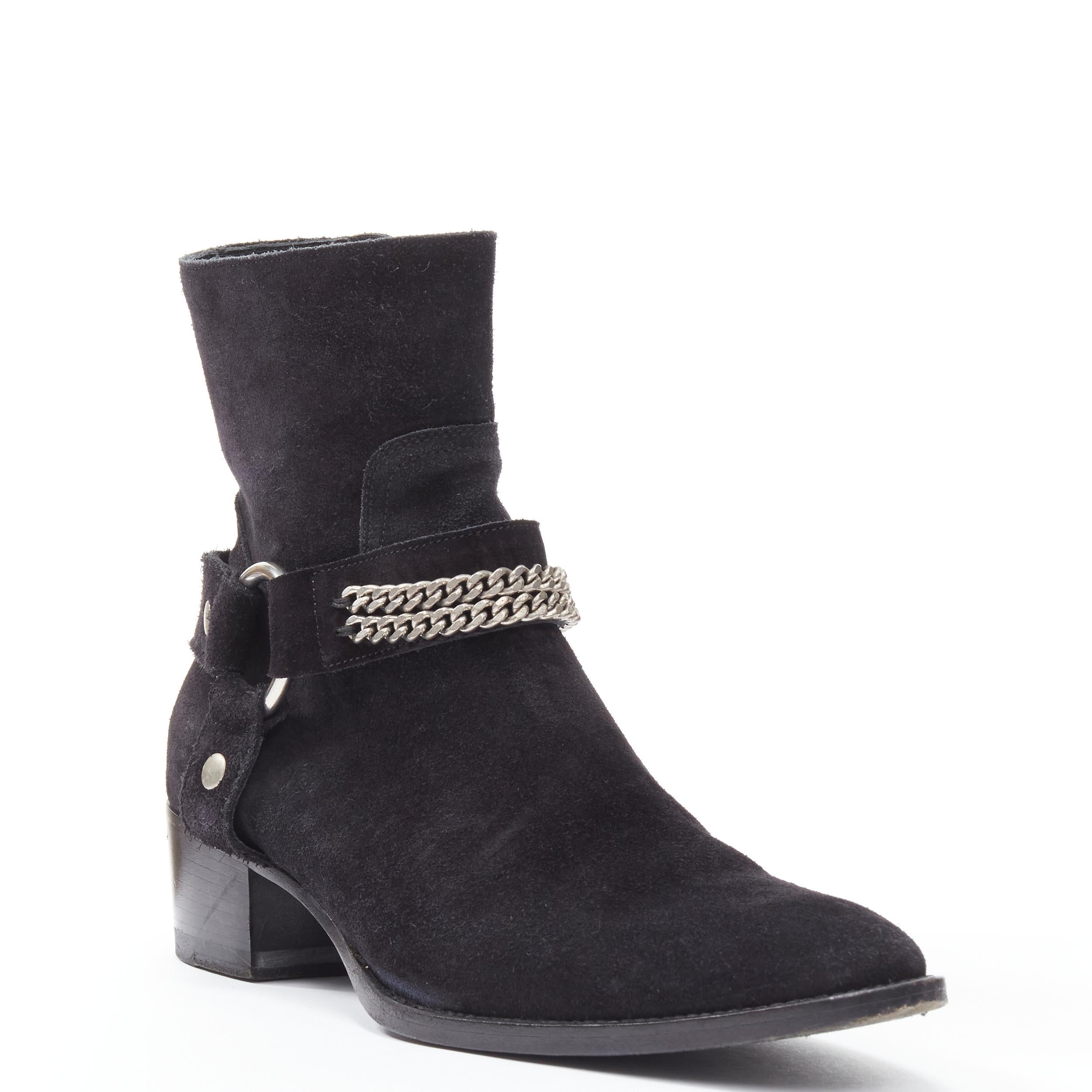 SAINT LAURENT Wyatt 40 black suede silver chain harness ankle boot EU36.5 
Reference: TGAS/B01837 
Brand: Saint Laurent 
Material: Suede 
Color: Black 
Pattern: Solid 
Closure: Zip 
Extra Detail: Black suede upper. Silver-tone hardware. Chained