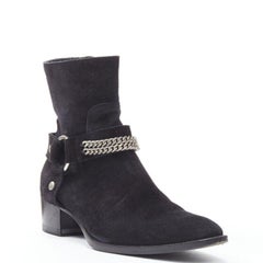 SAINT LAURENT Wyatt 40 black suede silver chain harness ankle boot EU36.5