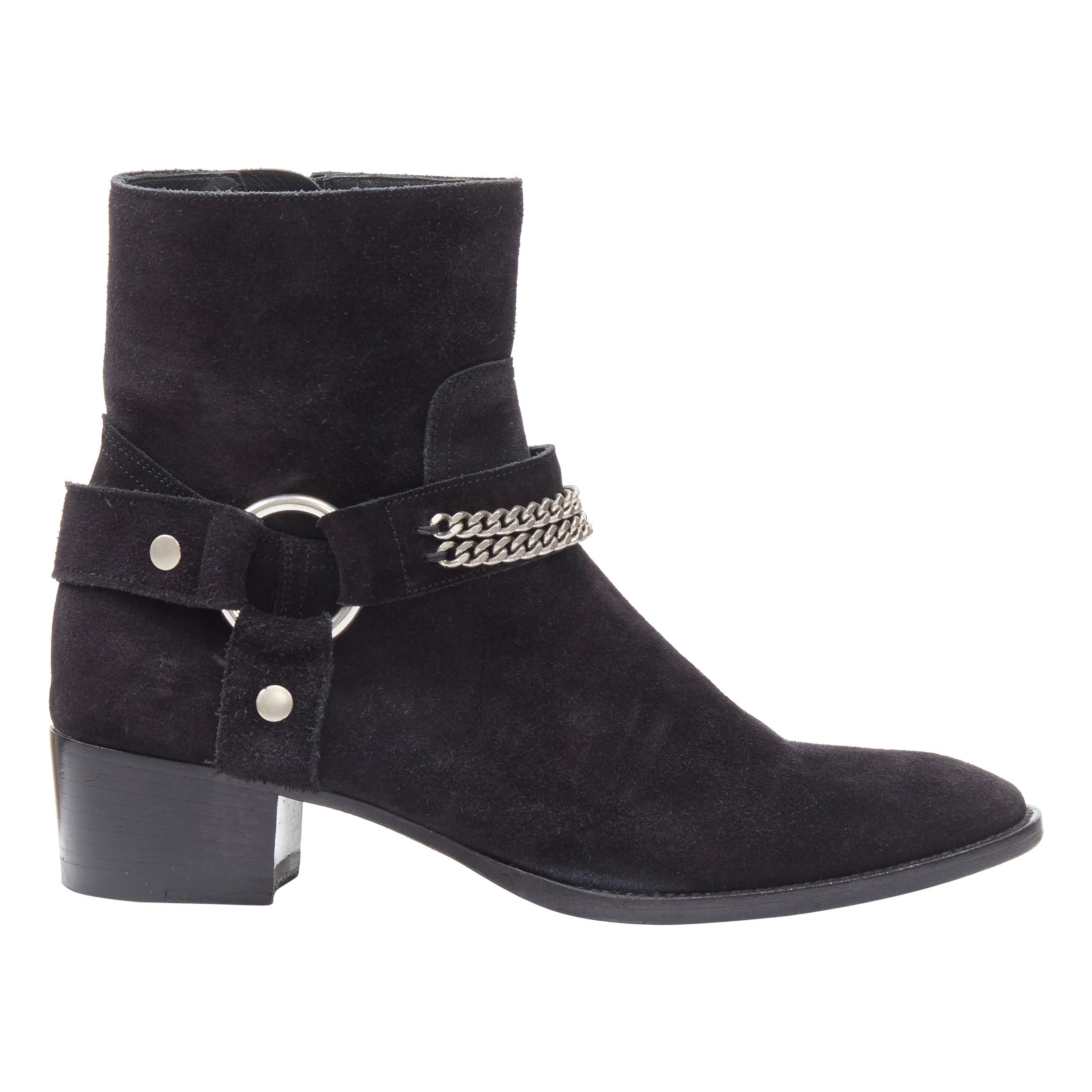 SAINT LAURENT Wyatt 40 black suede silver chain harness ankle boot EU36.5