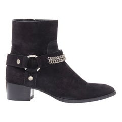 SAINT LAURENT Wyatt 40 black suede silver chain harness ankle boot EU36.5