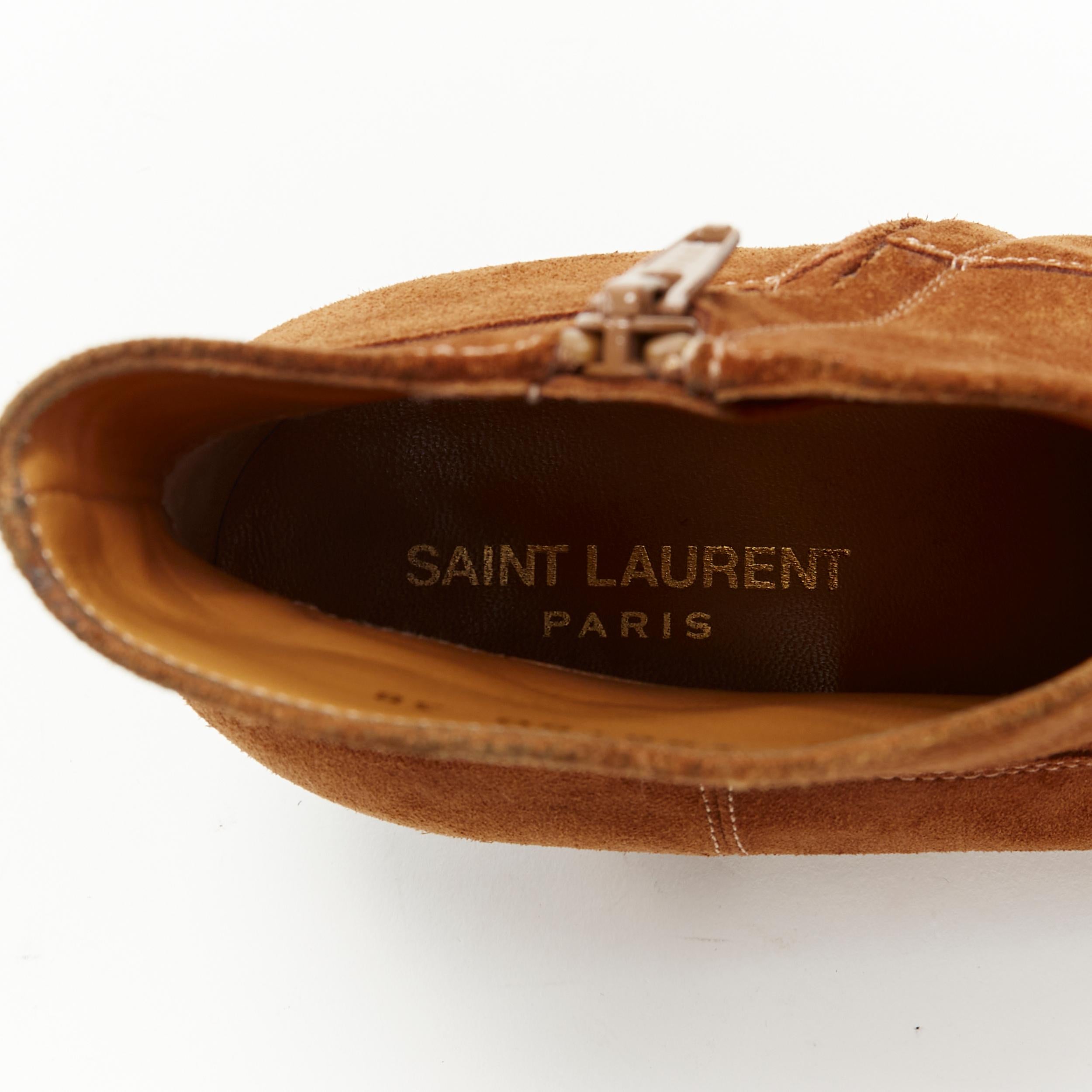 SAINT LAURENT Wyatt tan brown suede almond toe cuban bootie EU38 For Sale 6