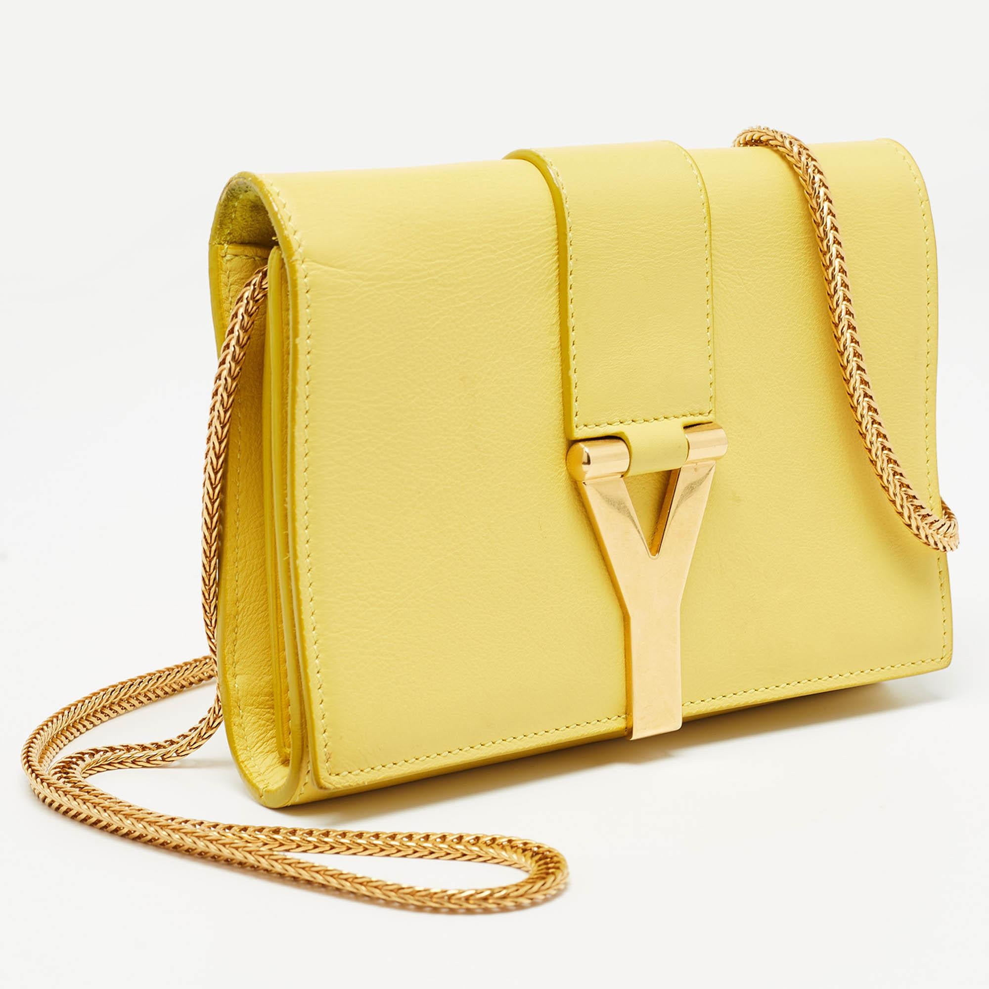Saint Laurent Yellow Leather Mini Chyc Crossbody Bag In Good Condition In Dubai, Al Qouz 2