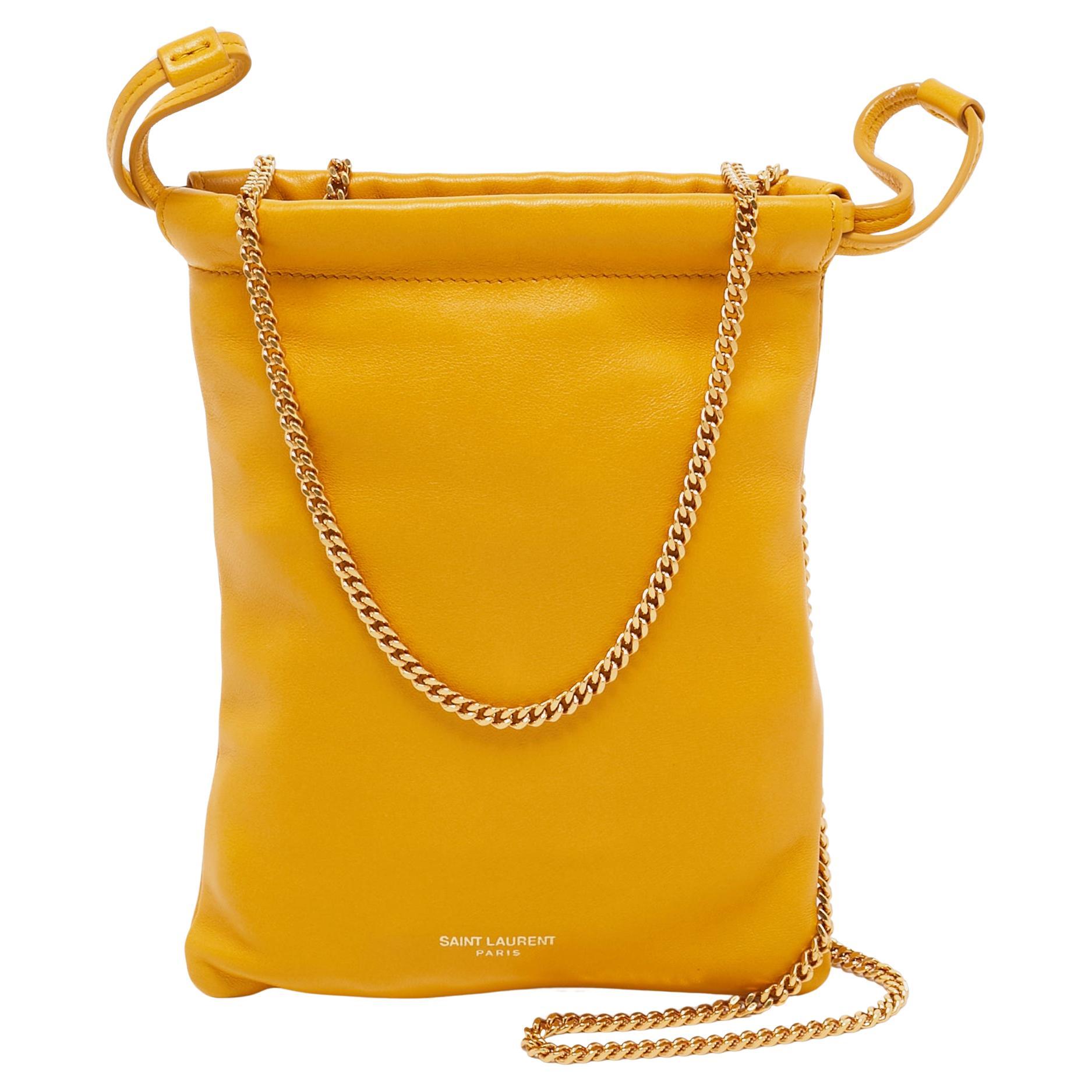 Saint Laurent Yellow Leather Phone Holder Crossbody Bag