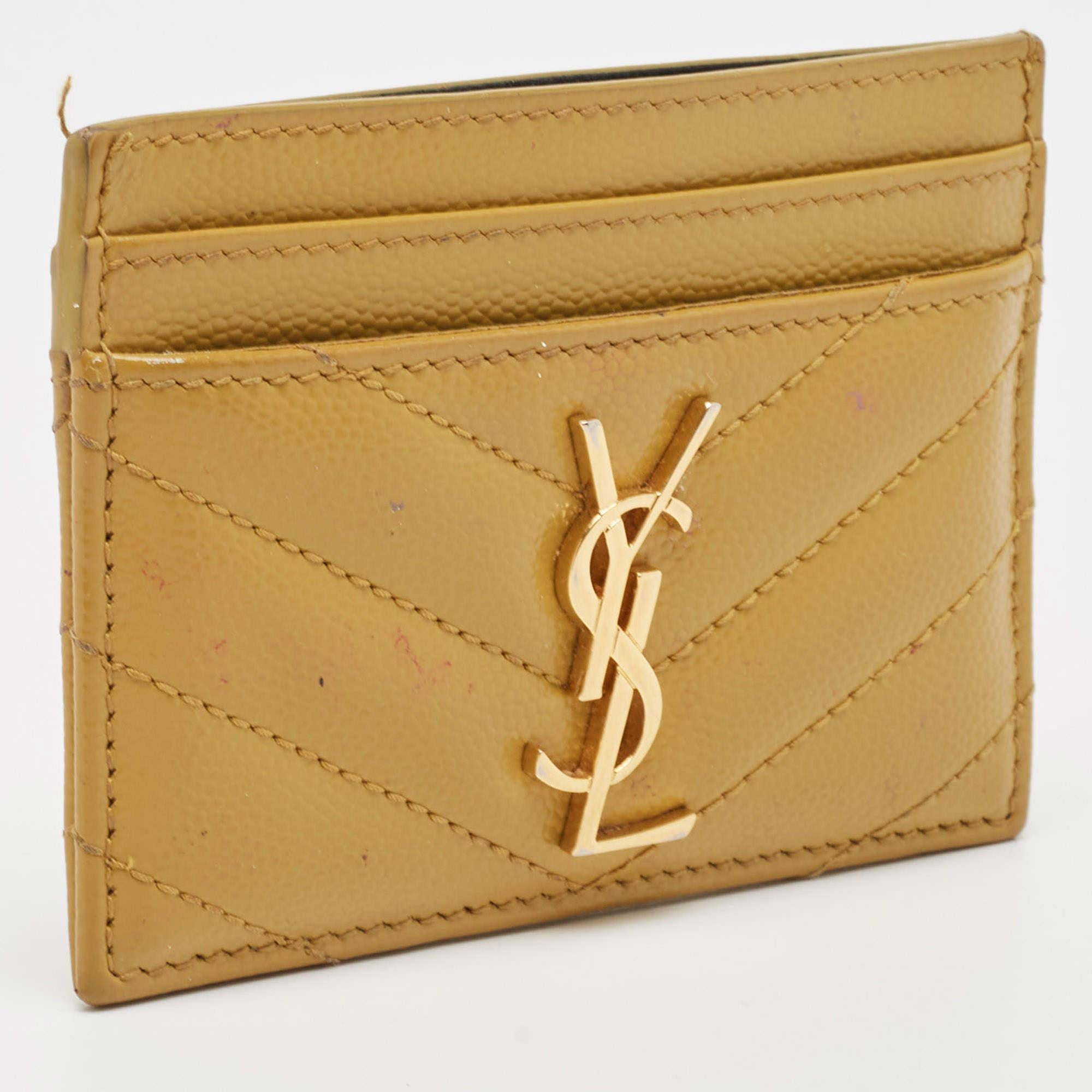 Saint Laurent Yellow matelassé Leather Cassandre Card Holder In Fair Condition In Dubai, Al Qouz 2