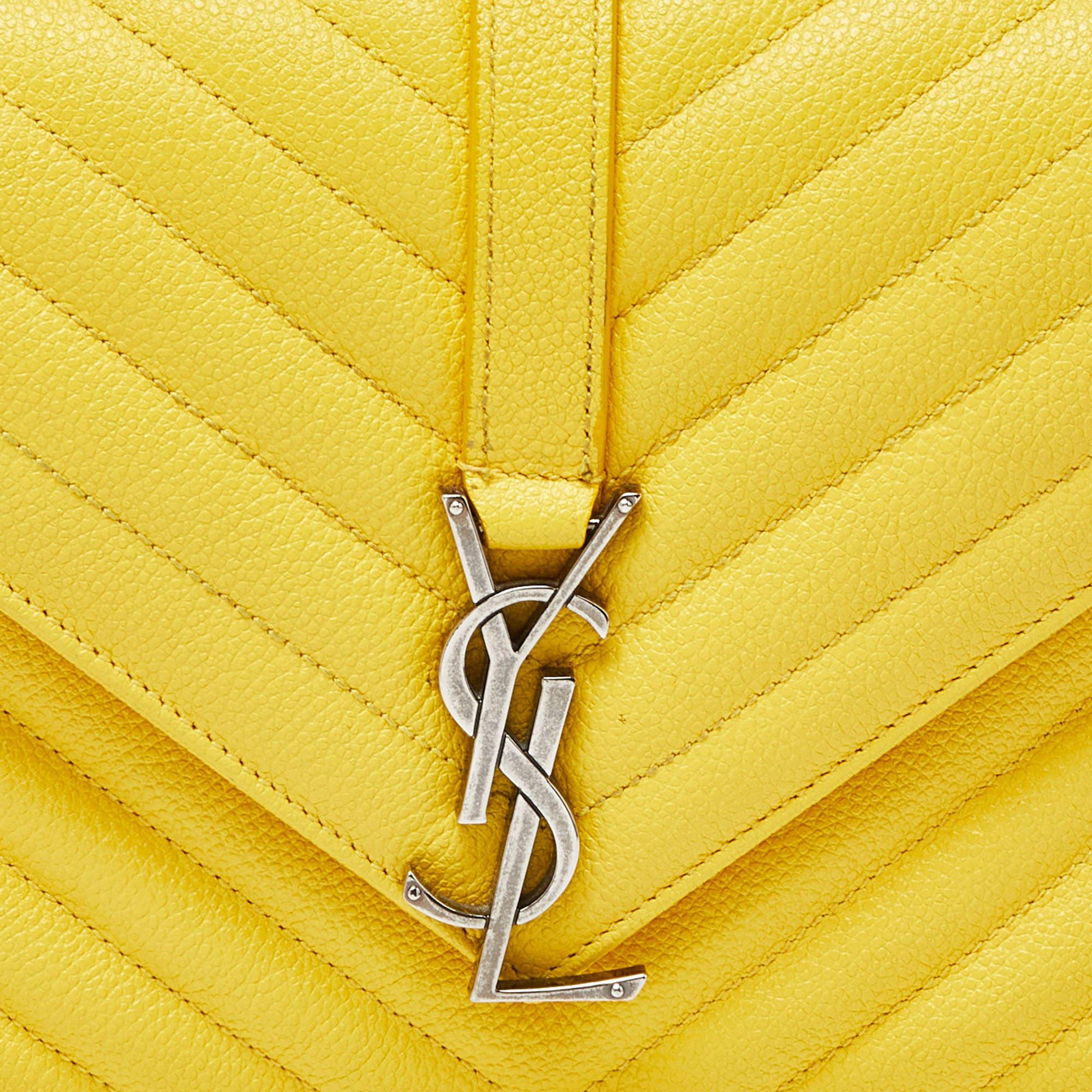 Women's Saint Laurent Yellow Matelasse Leather Medium College Flap Bag