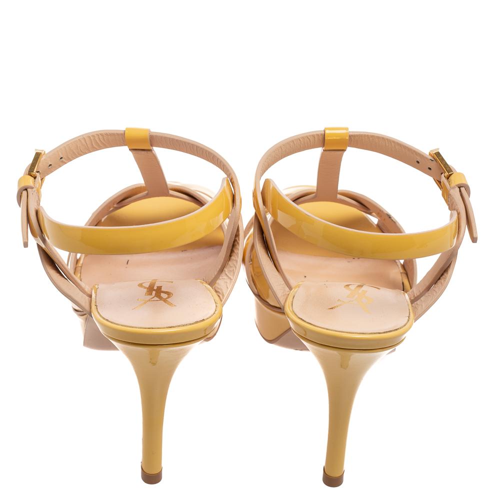 Beige Saint Laurent Yellow Patent Leather Tribute Platform Sandals Size 36