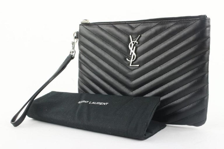 Saint Laurent YSL Black Calfskin Matelasse Chevron Monogram A5 Wristlet Bag  For Sale at 1stDibs