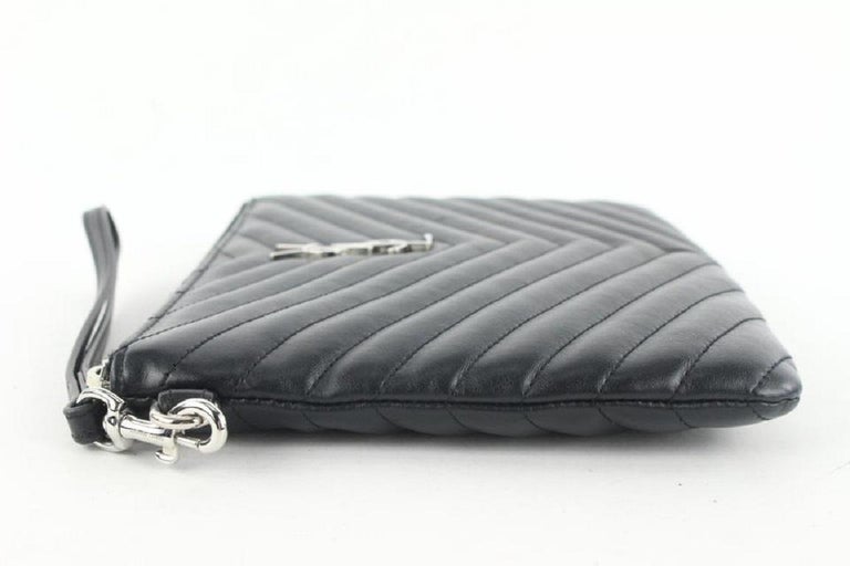 Saint Laurent Monogram Ysl Large Chevron Quilted Flat Wristlet Pouch Bag in  Black