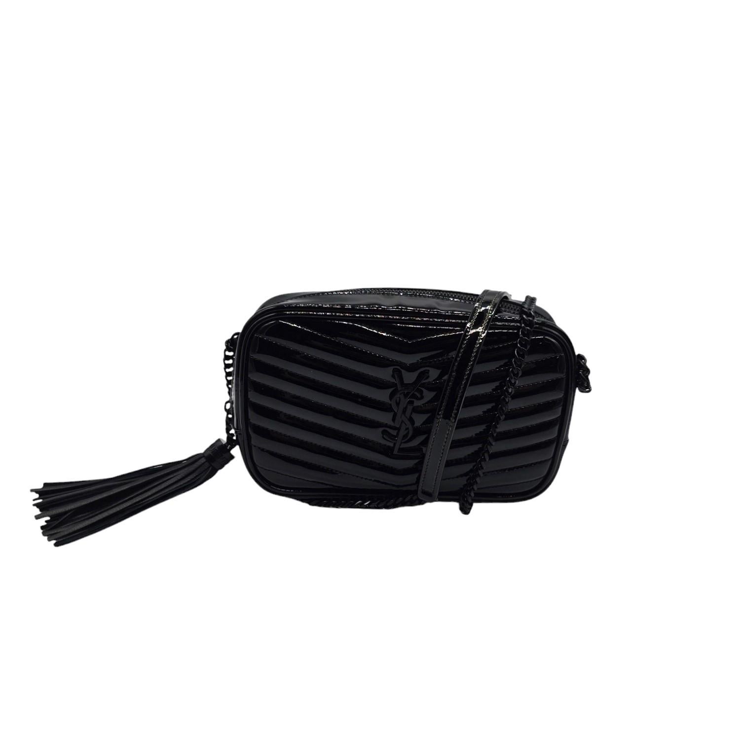 Experience luxury and style with the Saint Laurent YSL Chevron Quilted Patent Lou Camera Crossbody. Made in Italy with premium calfskin leather and signature YSL hardware, this bag is both elegant and functional. The zip-around closure and interior