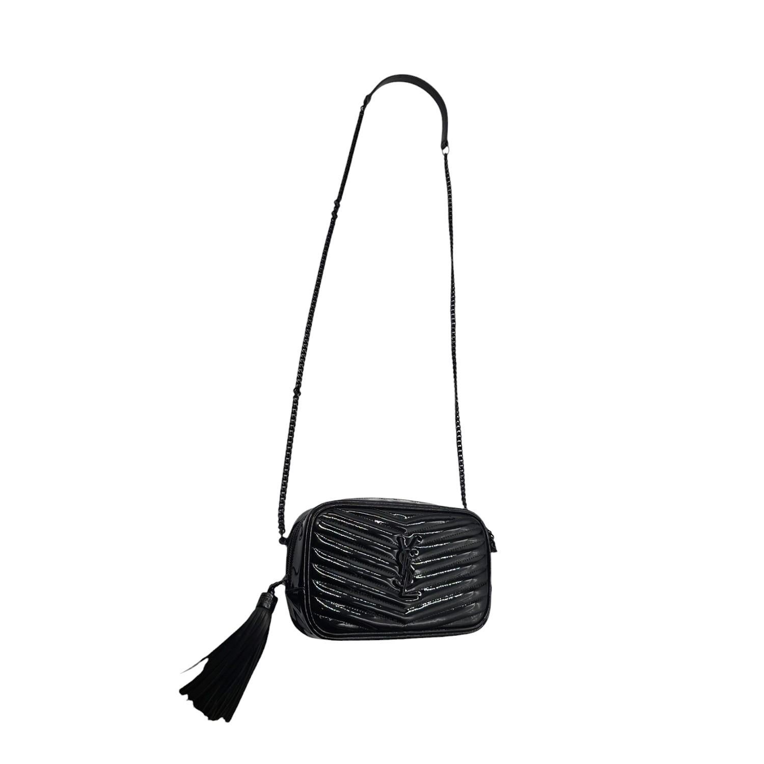Black Saint Laurent YSL Chevron Quilted Patent Lou Camera Crossbody For Sale