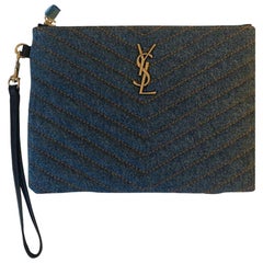 Saint Laurent, YSL Denim Blue Monogram A5 Pouch 