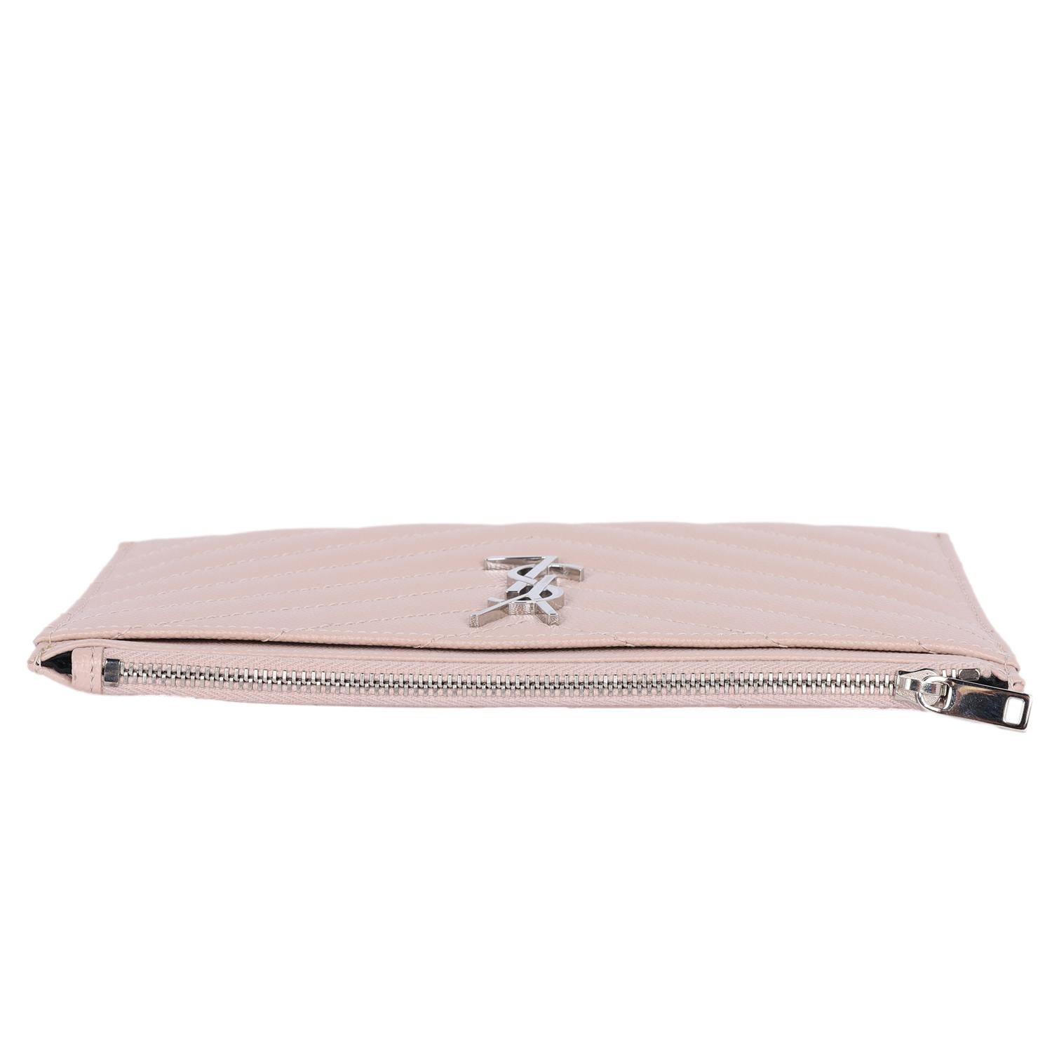 Saint Laurent YSL Grain De Poudre Chevron Monogram Bill Pouch Dark Beige For Sale 6