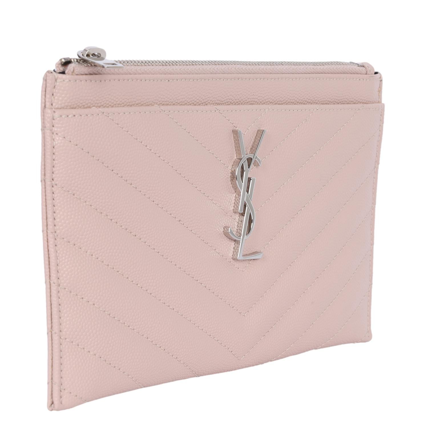 Saint Laurent YSL Grain De Poudre Chevron Monogram Bill Pouch Dark Beige In Excellent Condition For Sale In Salt Lake Cty, UT