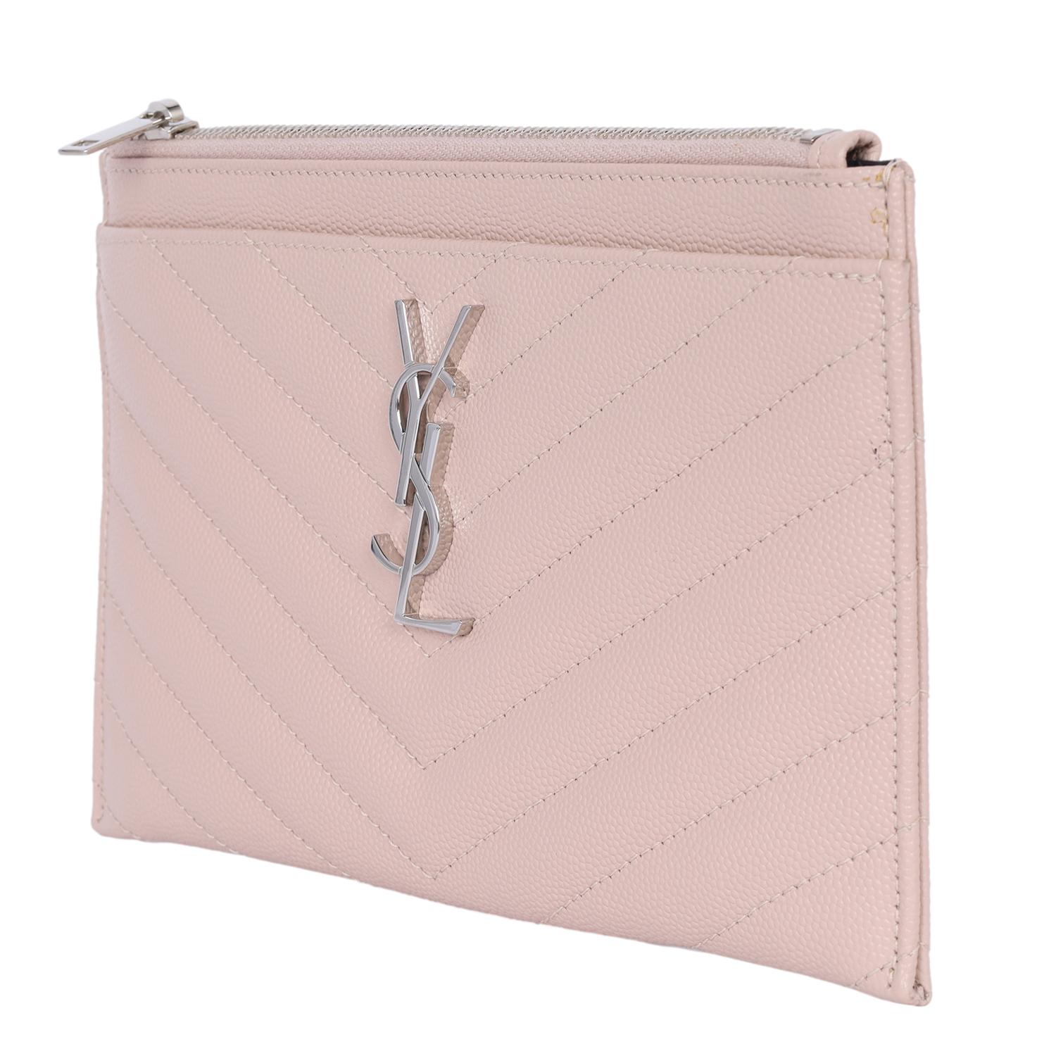 Women's Saint Laurent YSL Grain De Poudre Chevron Monogram Bill Pouch Dark Beige For Sale
