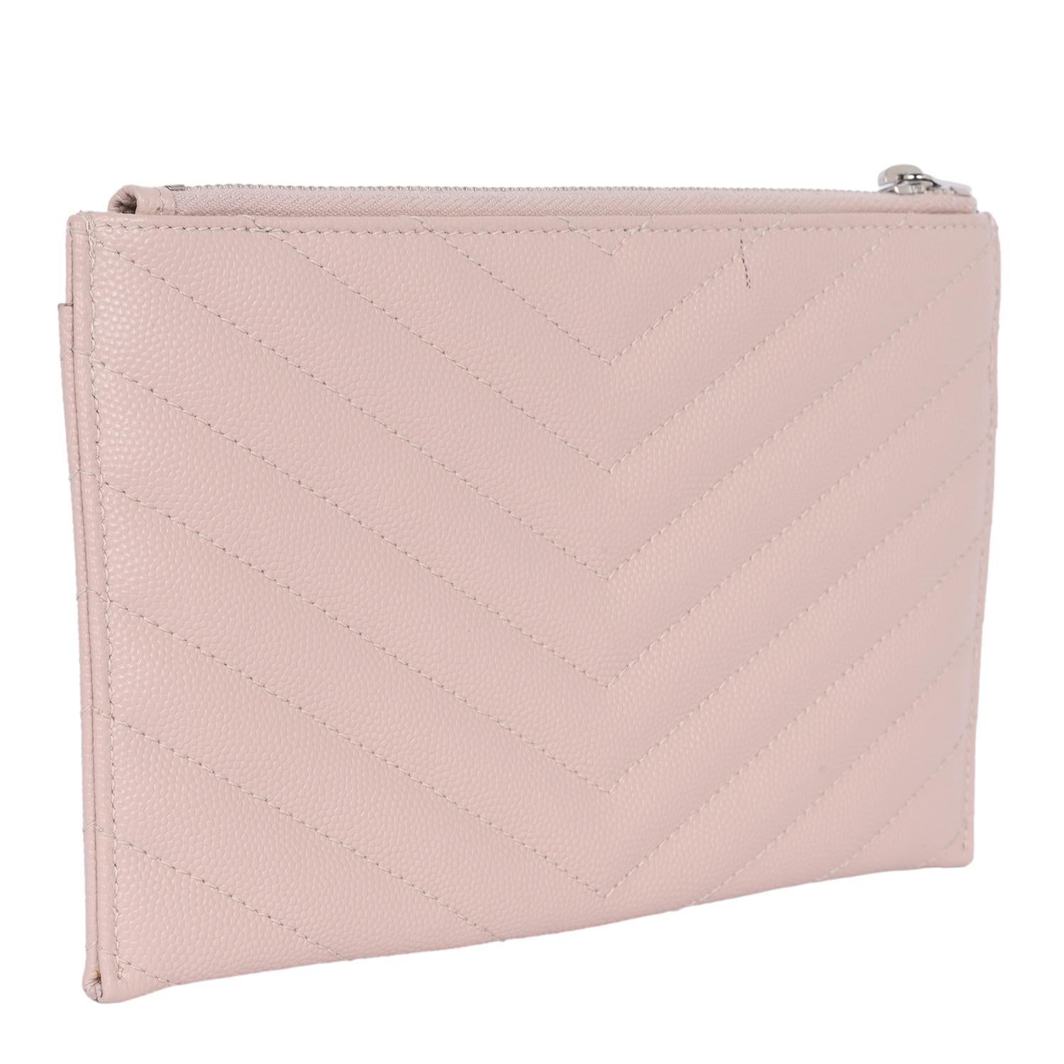 Saint Laurent YSL Grain De Poudre Chevron Monogram Bill Pouch Dark Beige For Sale 3