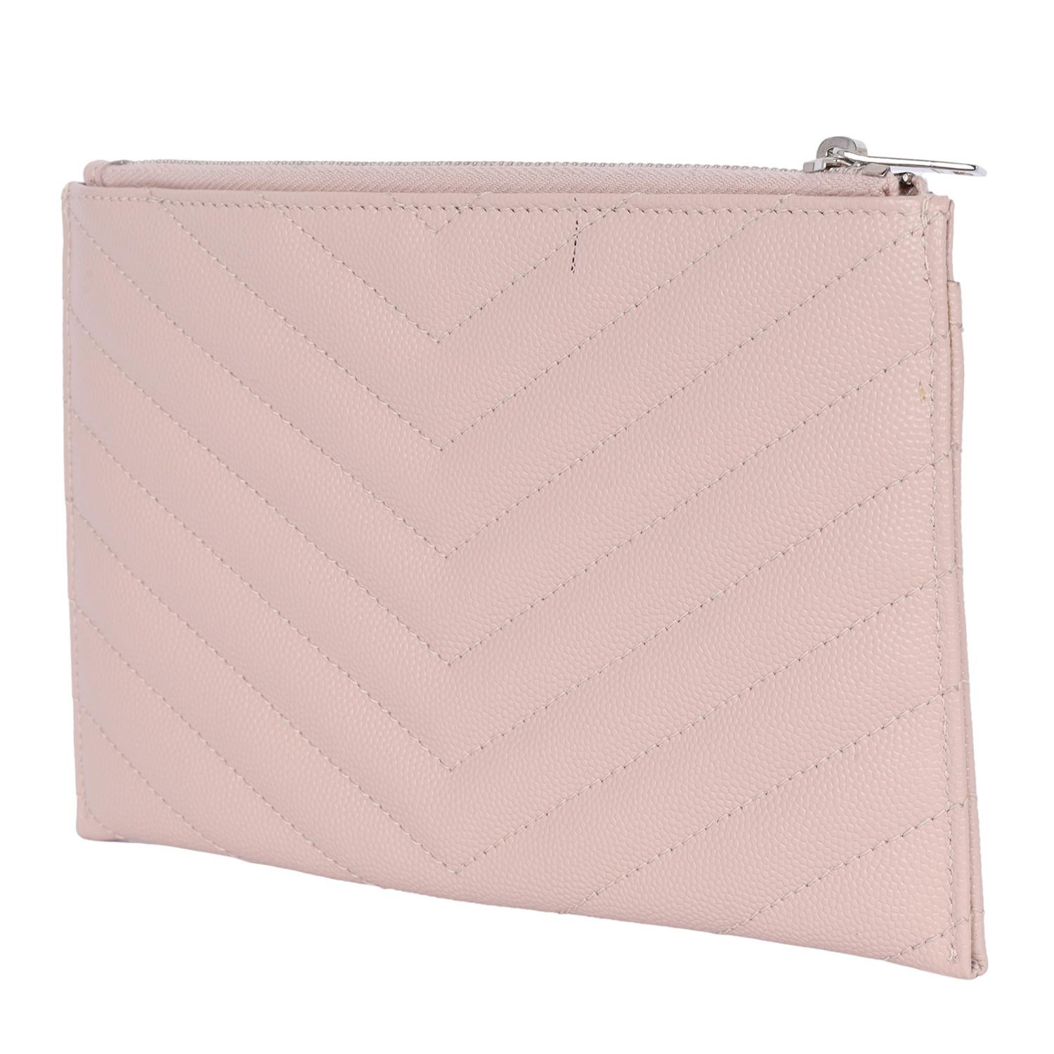 Saint Laurent YSL Grain De Poudre Chevron Monogram Bill Pouch Dark Beige For Sale 4