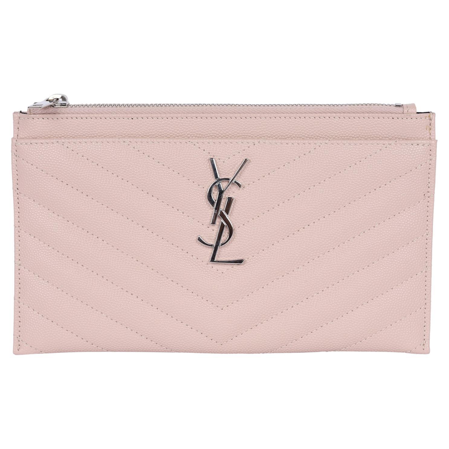 Saint Laurent YSL Grain De Poudre Chevron Monogram Bill Pouch Dark Beige