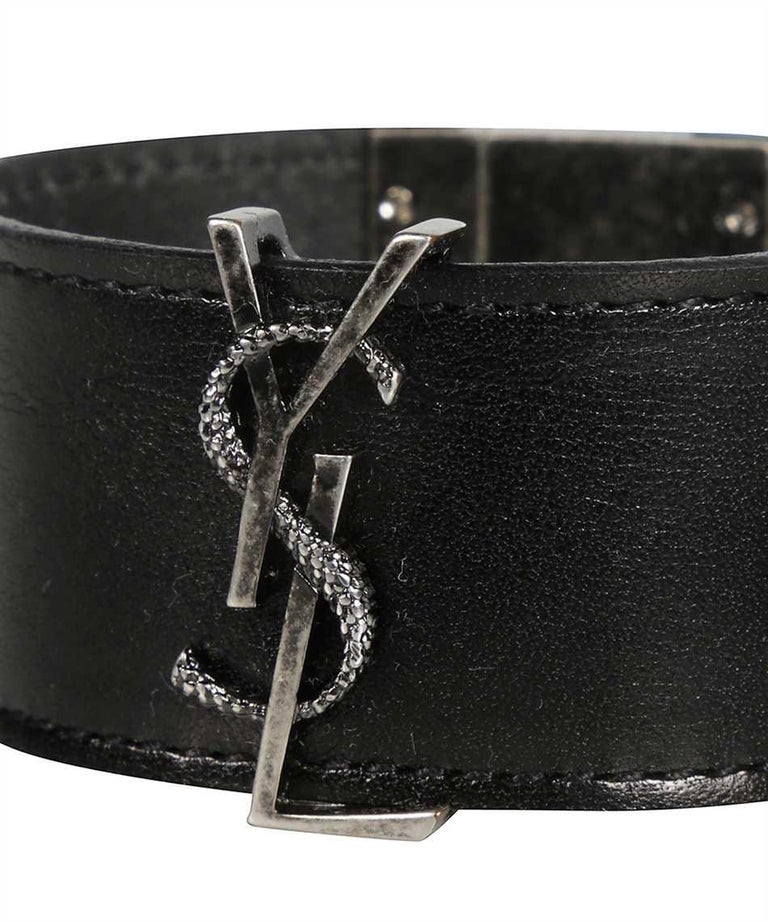 Saint Laurent YSL Logo Monogram Black Leather Bracelet For Sale at 1stDibs